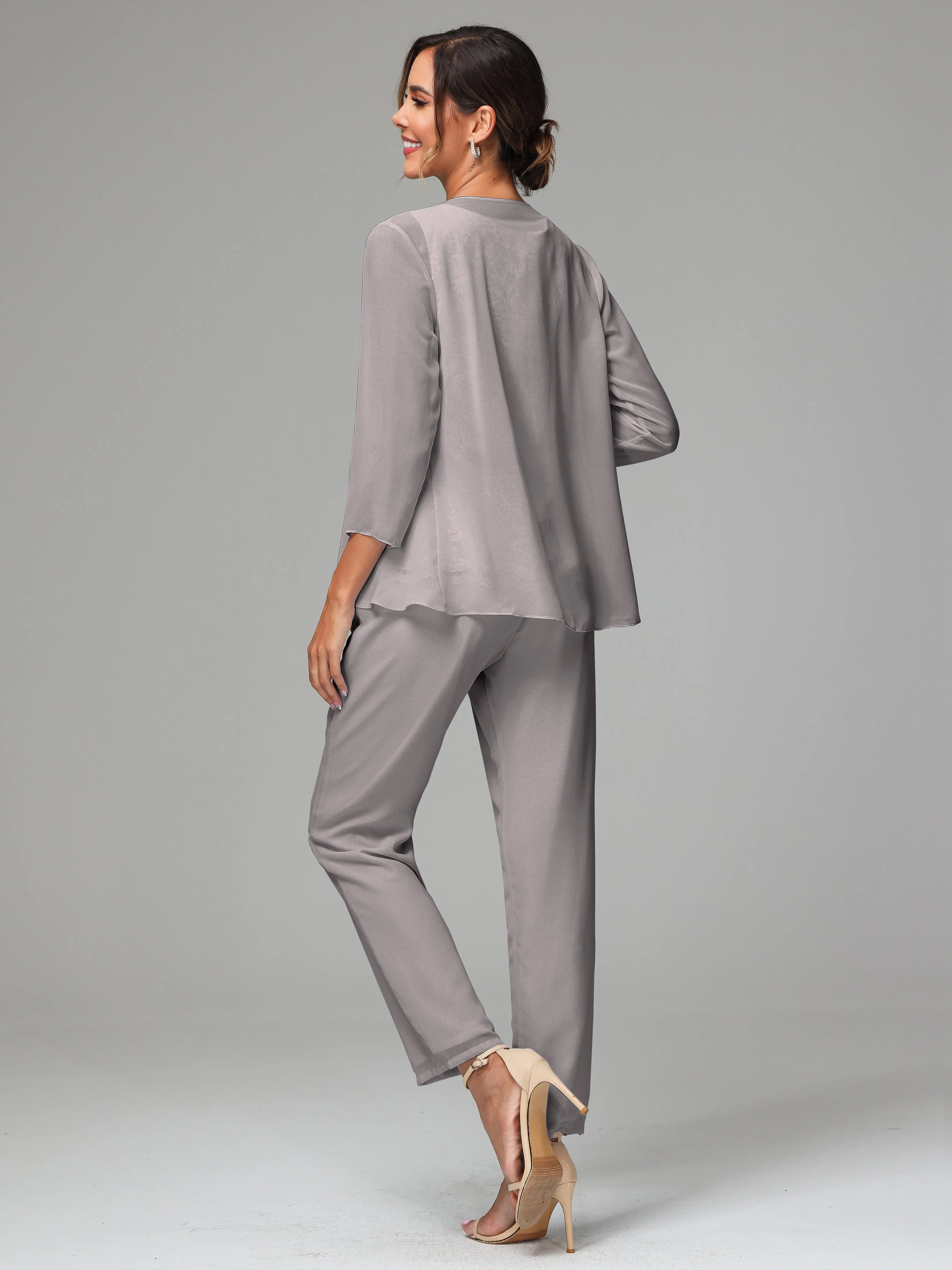 Chiffon Lace Long Sleeves 3 Pieces Mother Of The Bride Dress Pants Suits