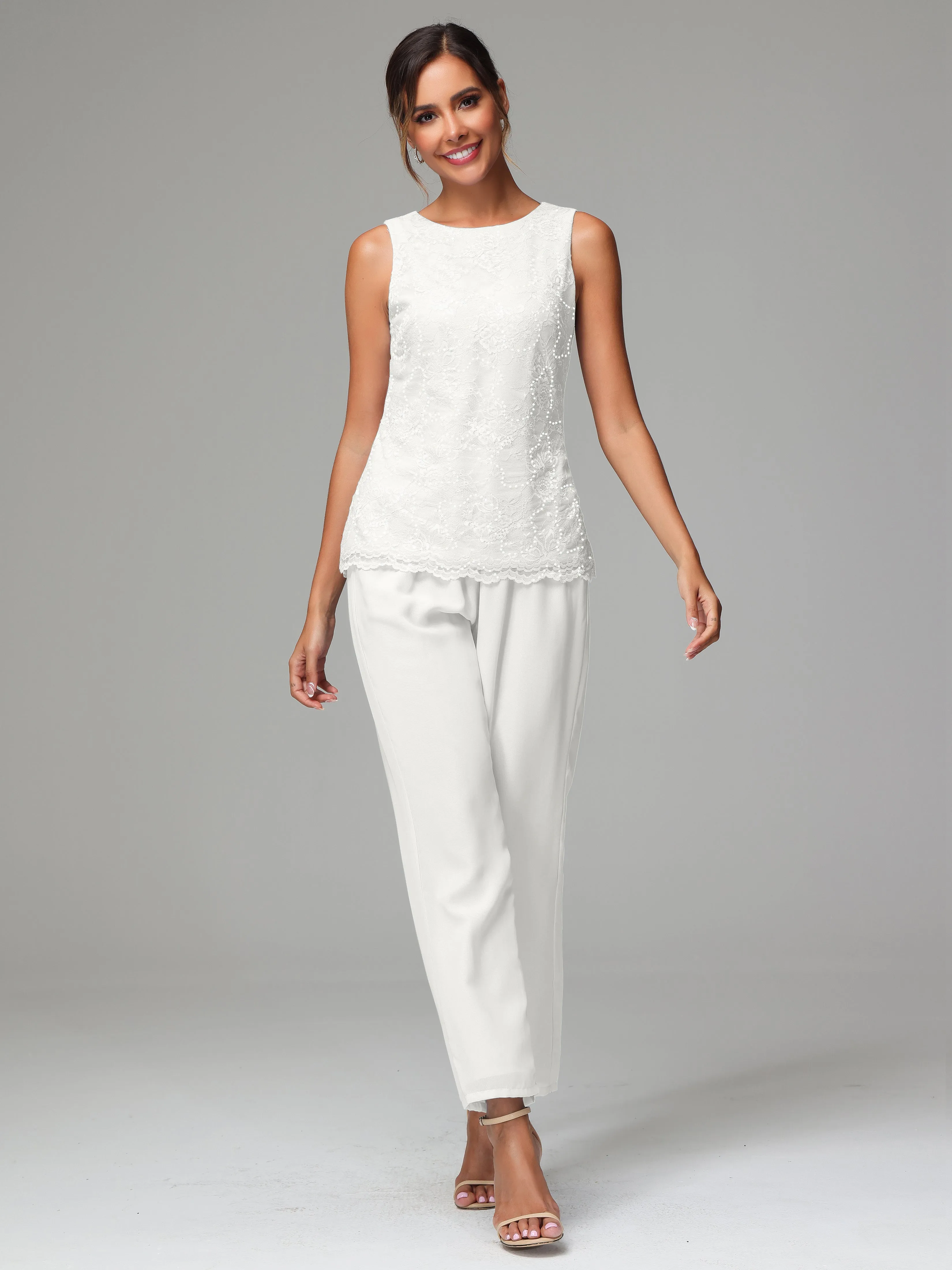 Chiffon Lace Long Sleeves 3 Pieces Mother Of The Bride Dress Pants Suits
