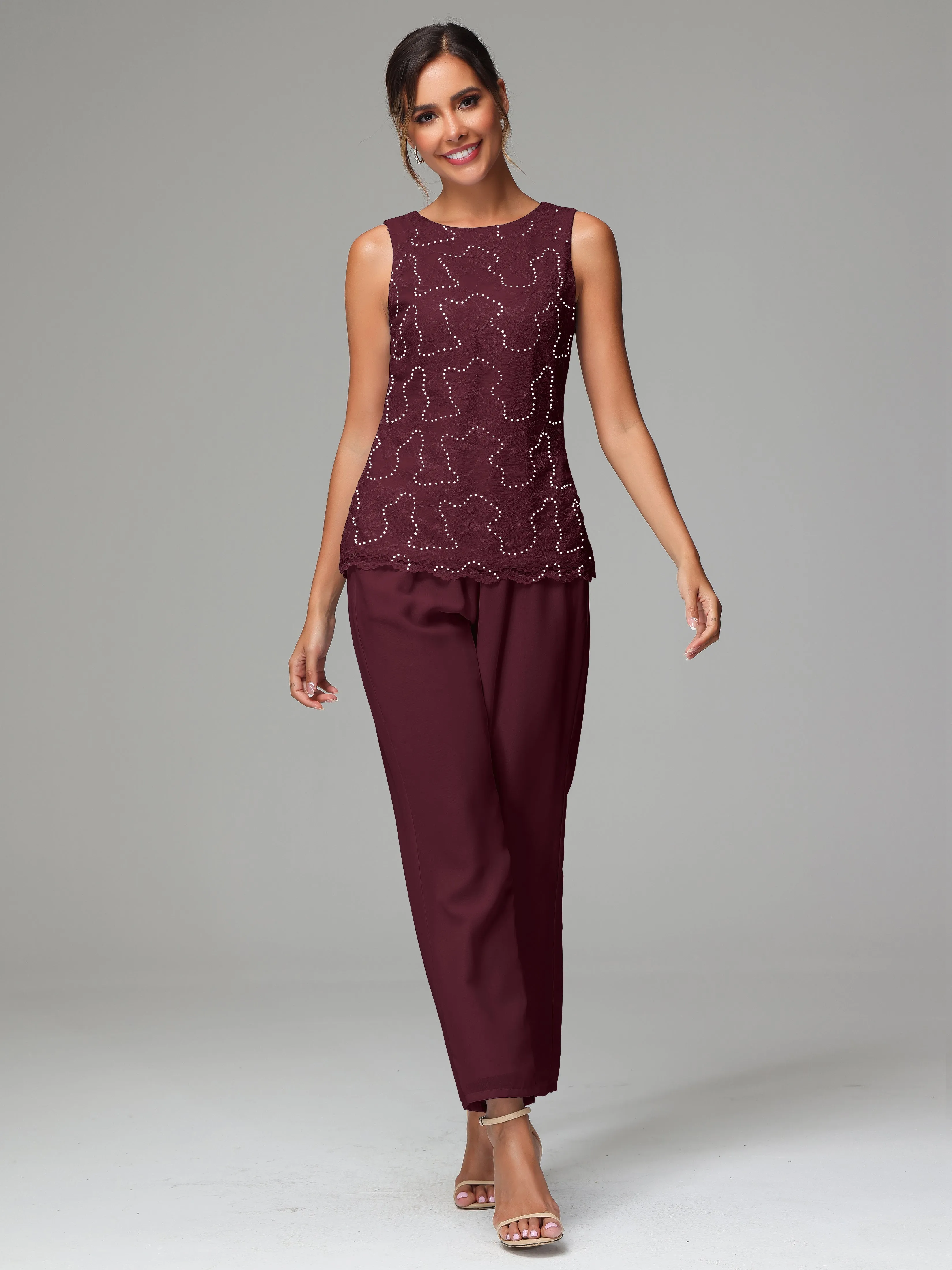 Chiffon Lace Long Sleeves 3 Pieces Mother Of The Bride Dress Pants Suits