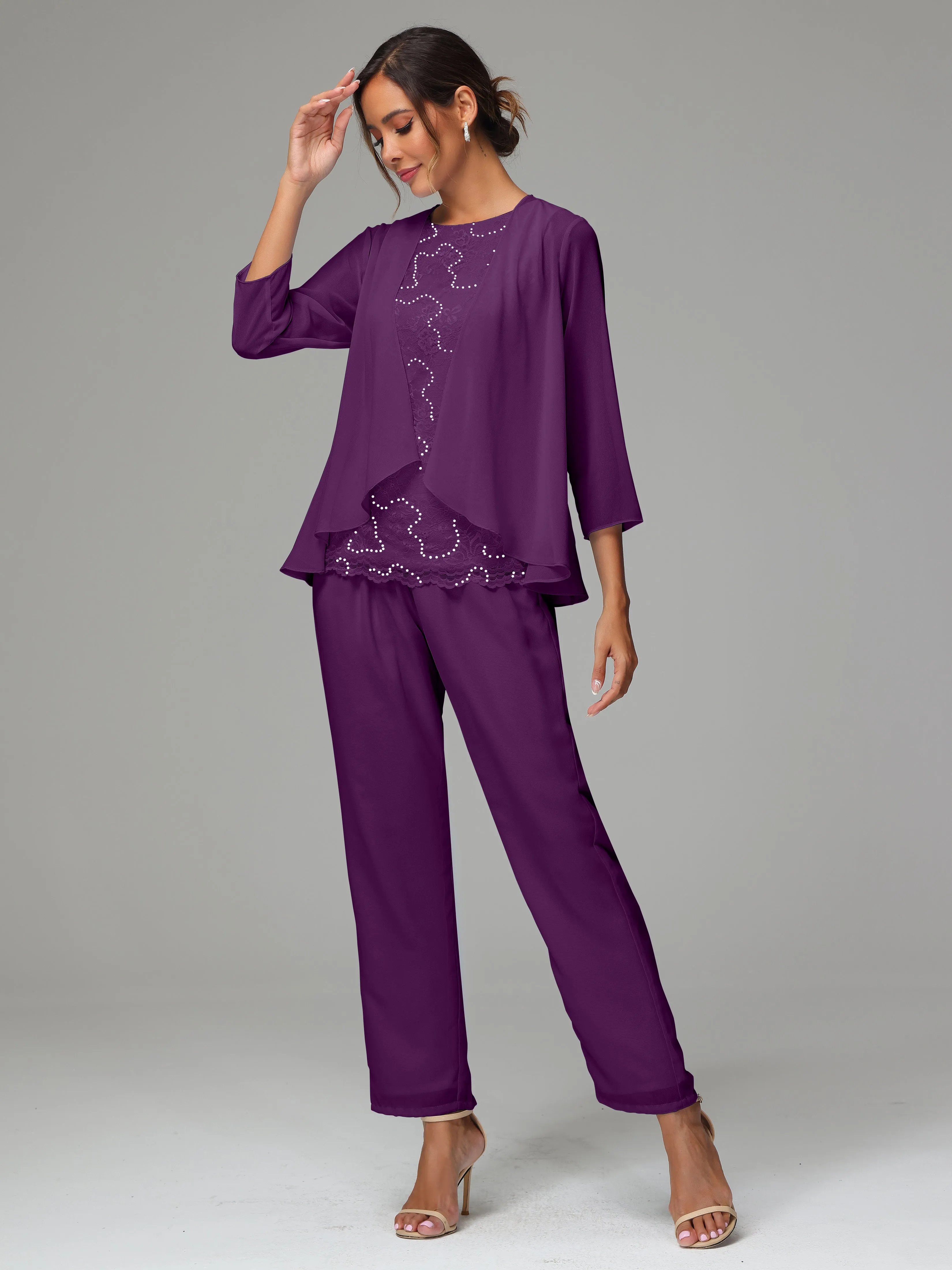 Chiffon Lace Long Sleeves 3 Pieces Mother Of The Bride Dress Pants Suits