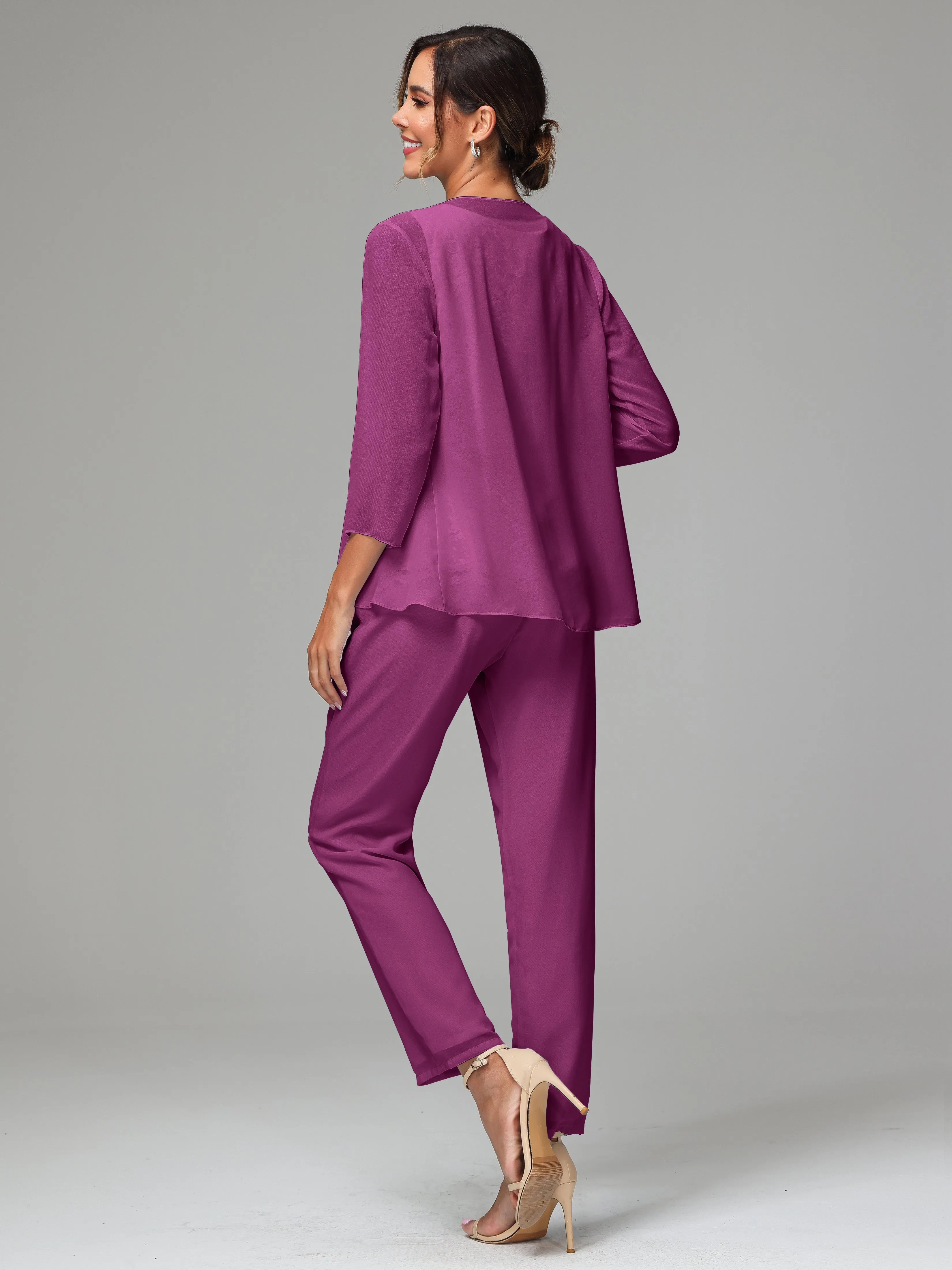 Chiffon Lace Long Sleeves 3 Pieces Mother Of The Bride Dress Pants Suits