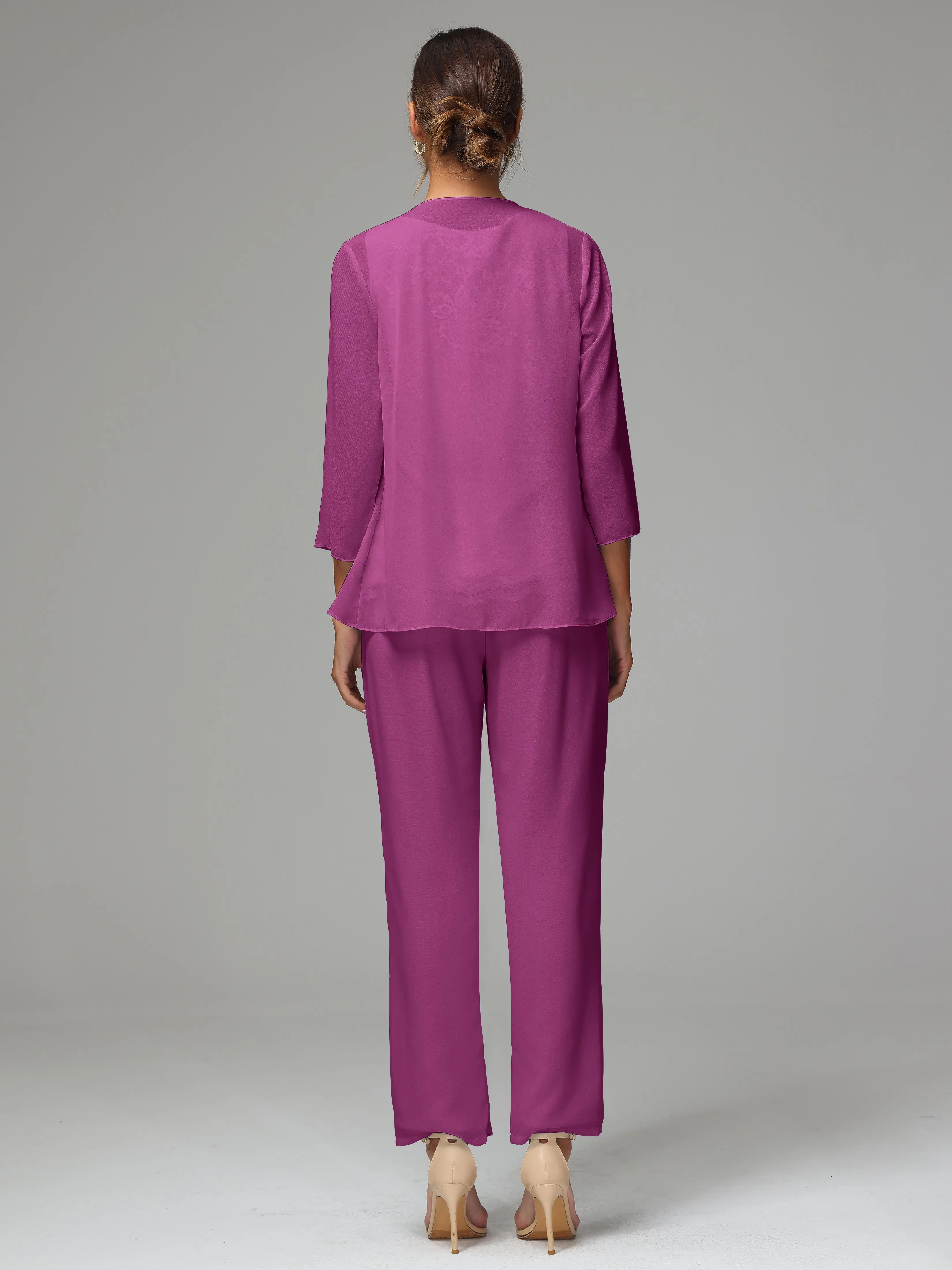 Chiffon Lace Long Sleeves 3 Pieces Mother Of The Bride Dress Pants Suits