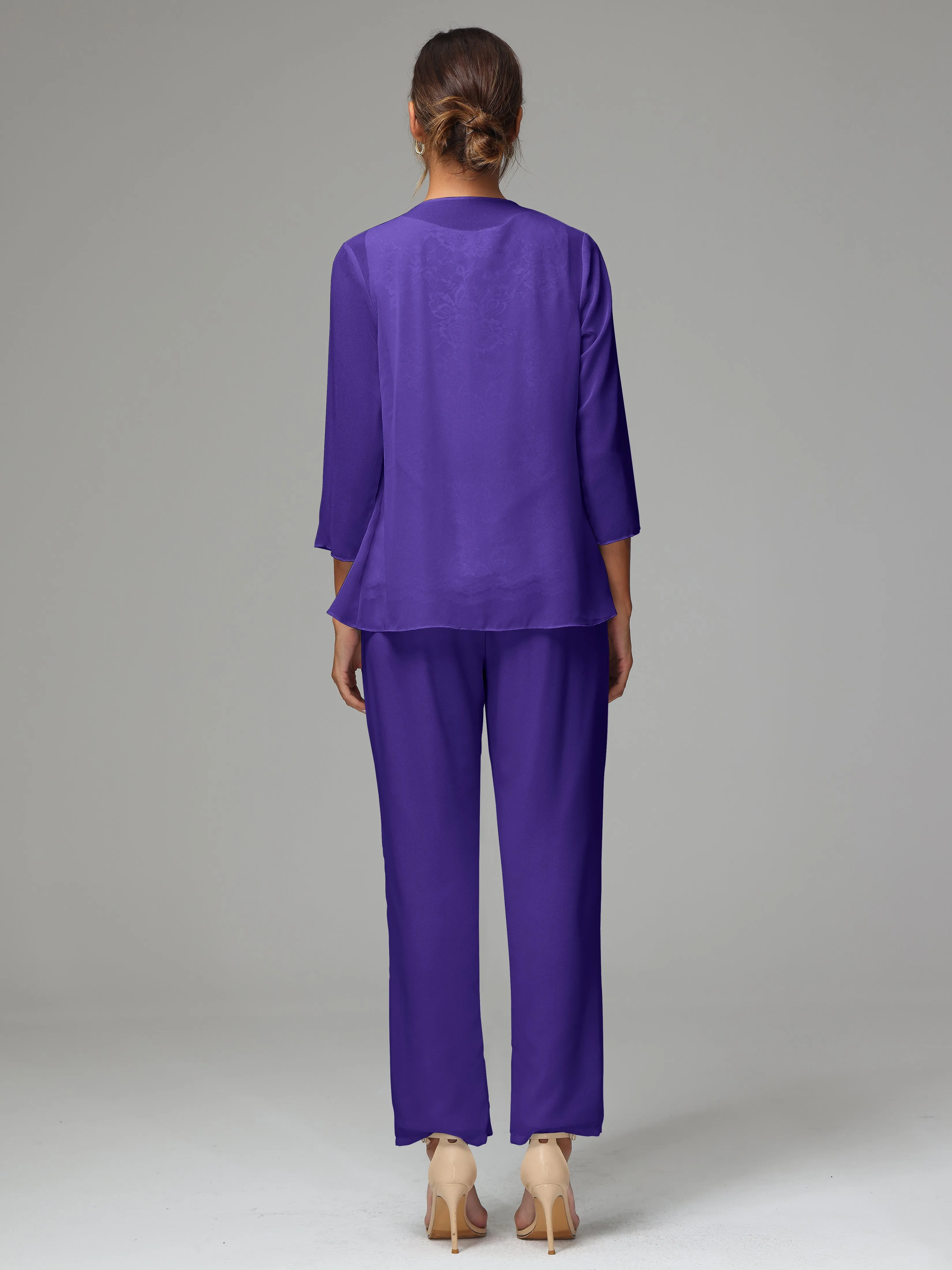 Chiffon Lace Long Sleeves 3 Pieces Mother Of The Bride Dress Pants Suits