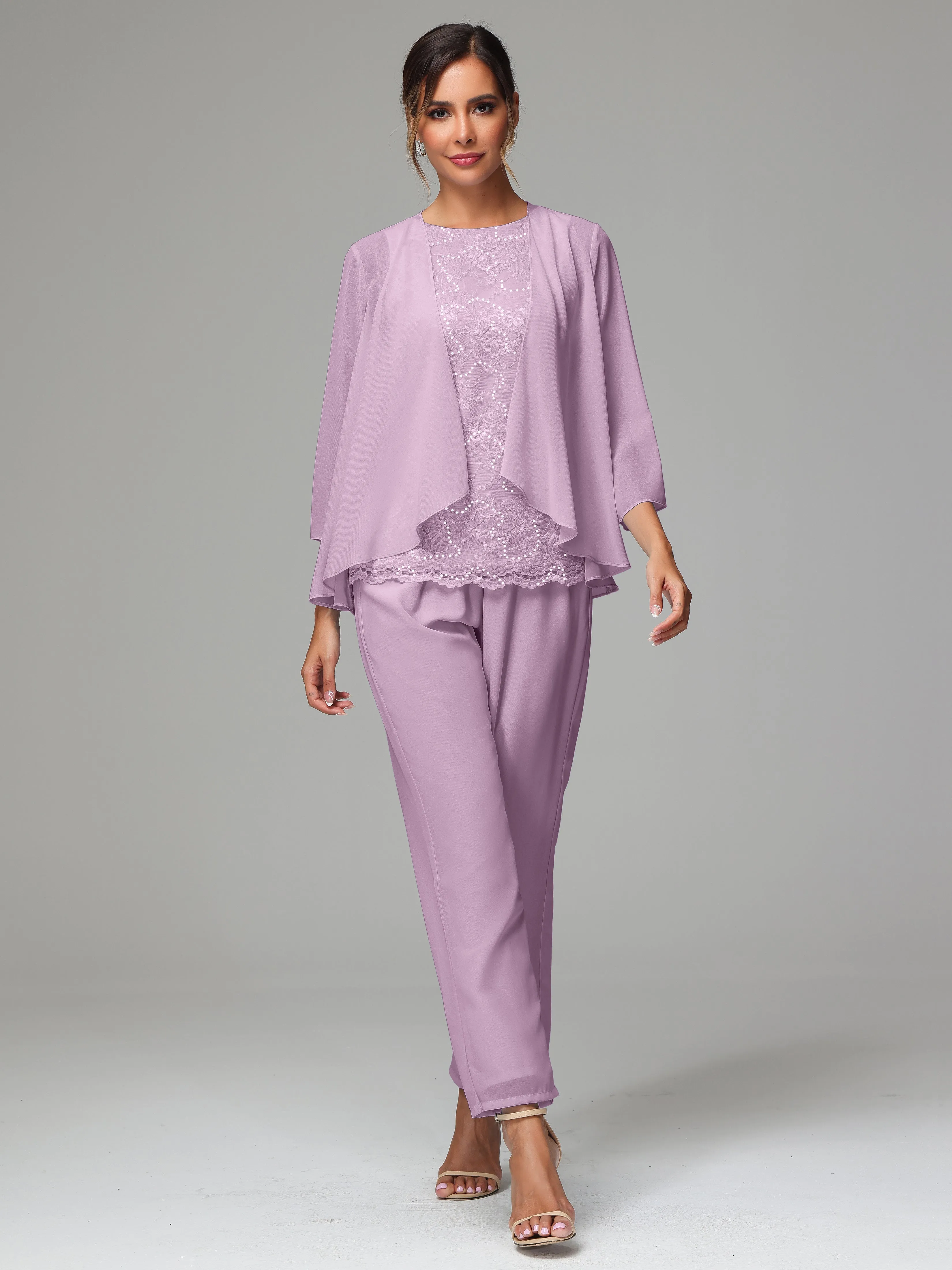 Chiffon Lace Long Sleeves 3 Pieces Mother Of The Bride Dress Pants Suits