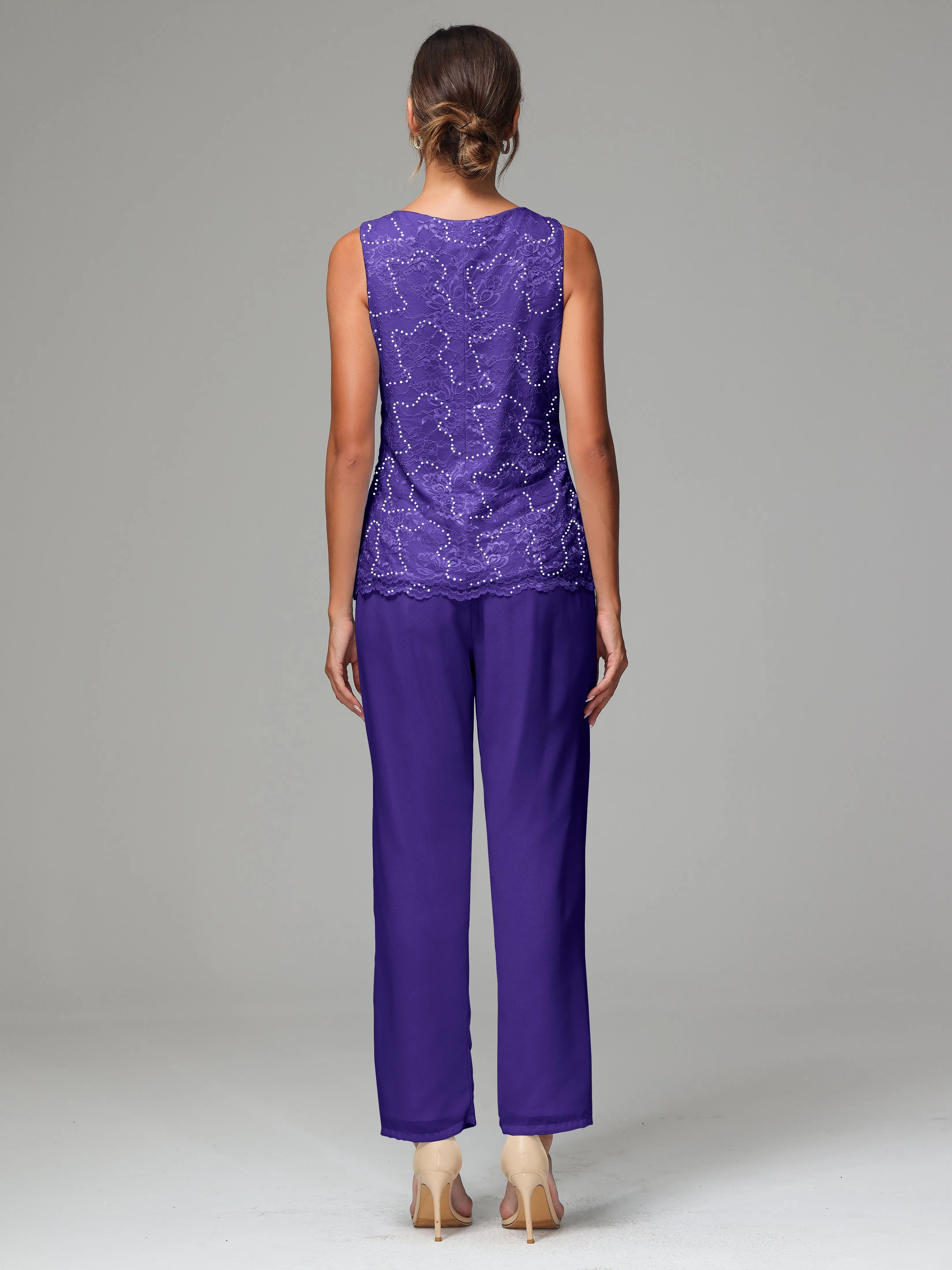 Chiffon Lace Long Sleeves 3 Pieces Mother Of The Bride Dress Pants Suits