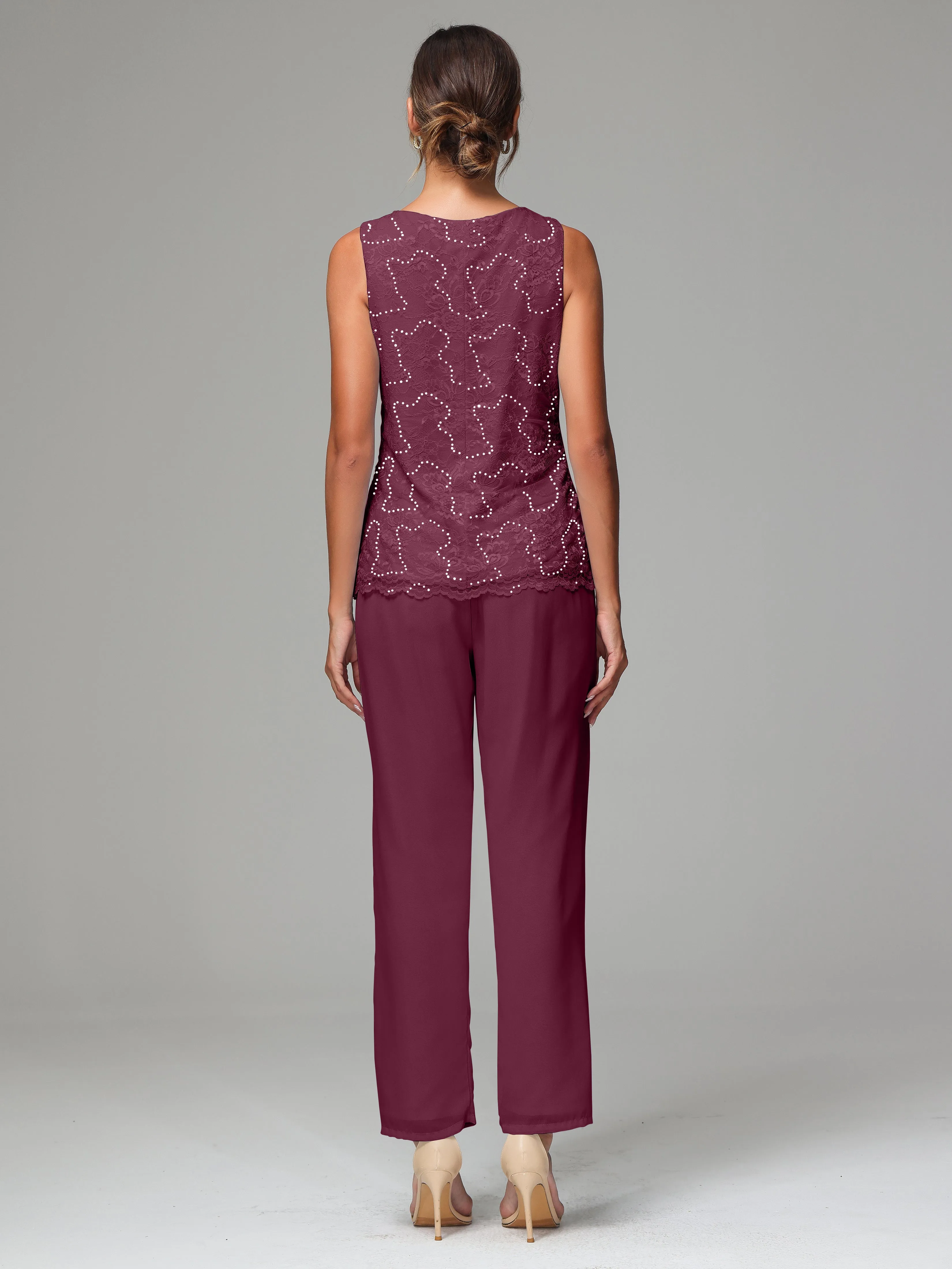Chiffon Lace Long Sleeves 3 Pieces Mother Of The Bride Dress Pants Suits