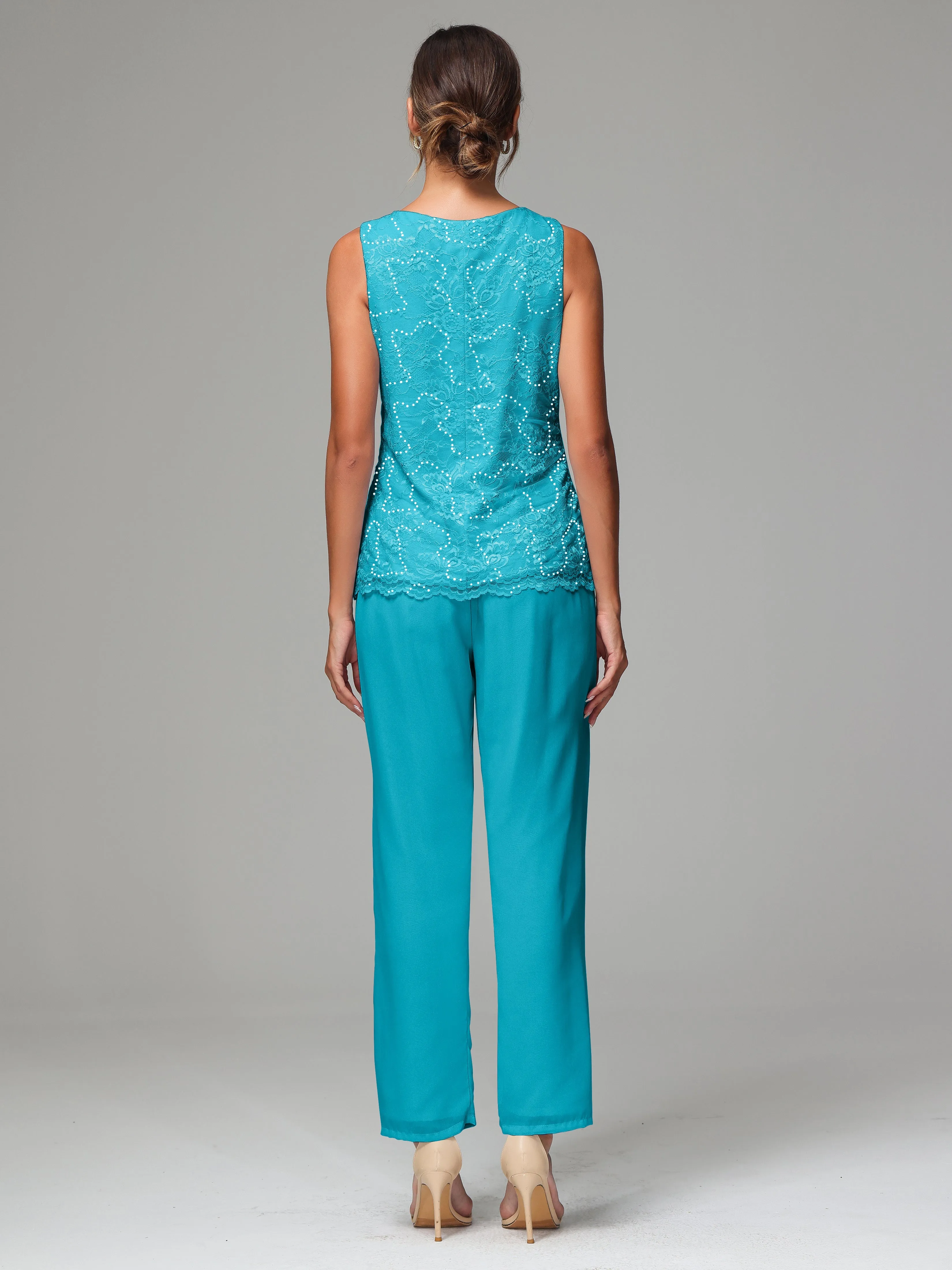 Chiffon Lace Long Sleeves 3 Pieces Mother Of The Bride Dress Pants Suits