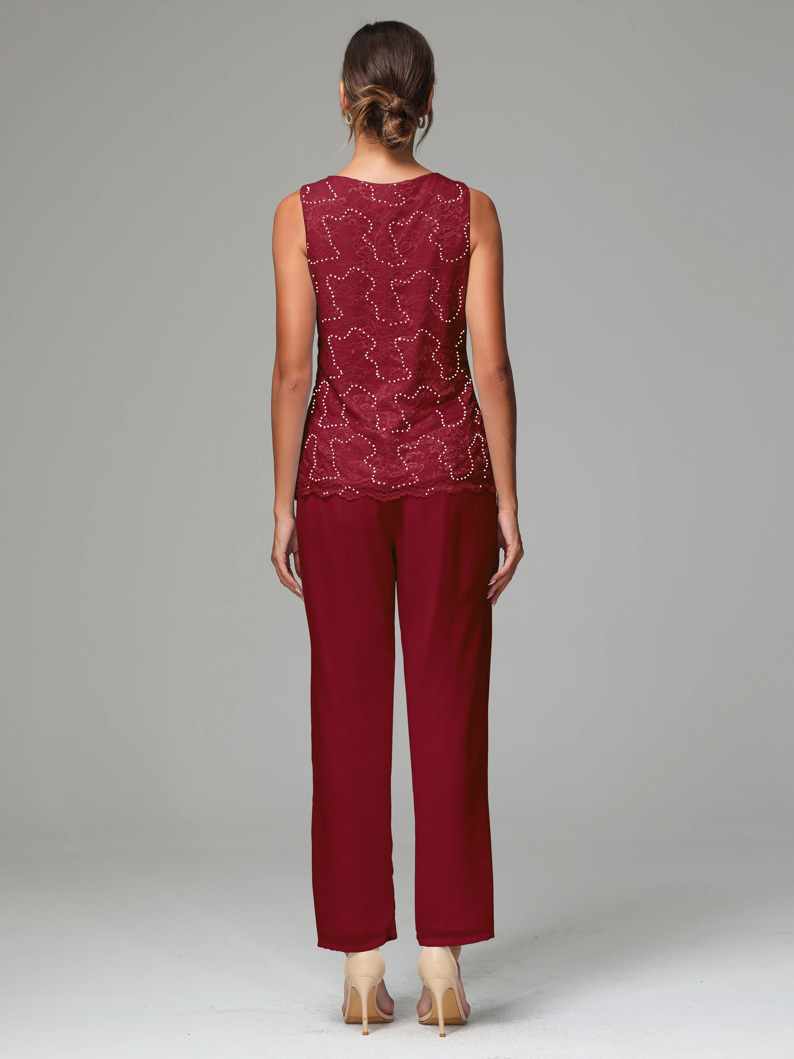 Chiffon Lace Long Sleeves 3 Pieces Mother Of The Bride Dress Pants Suits