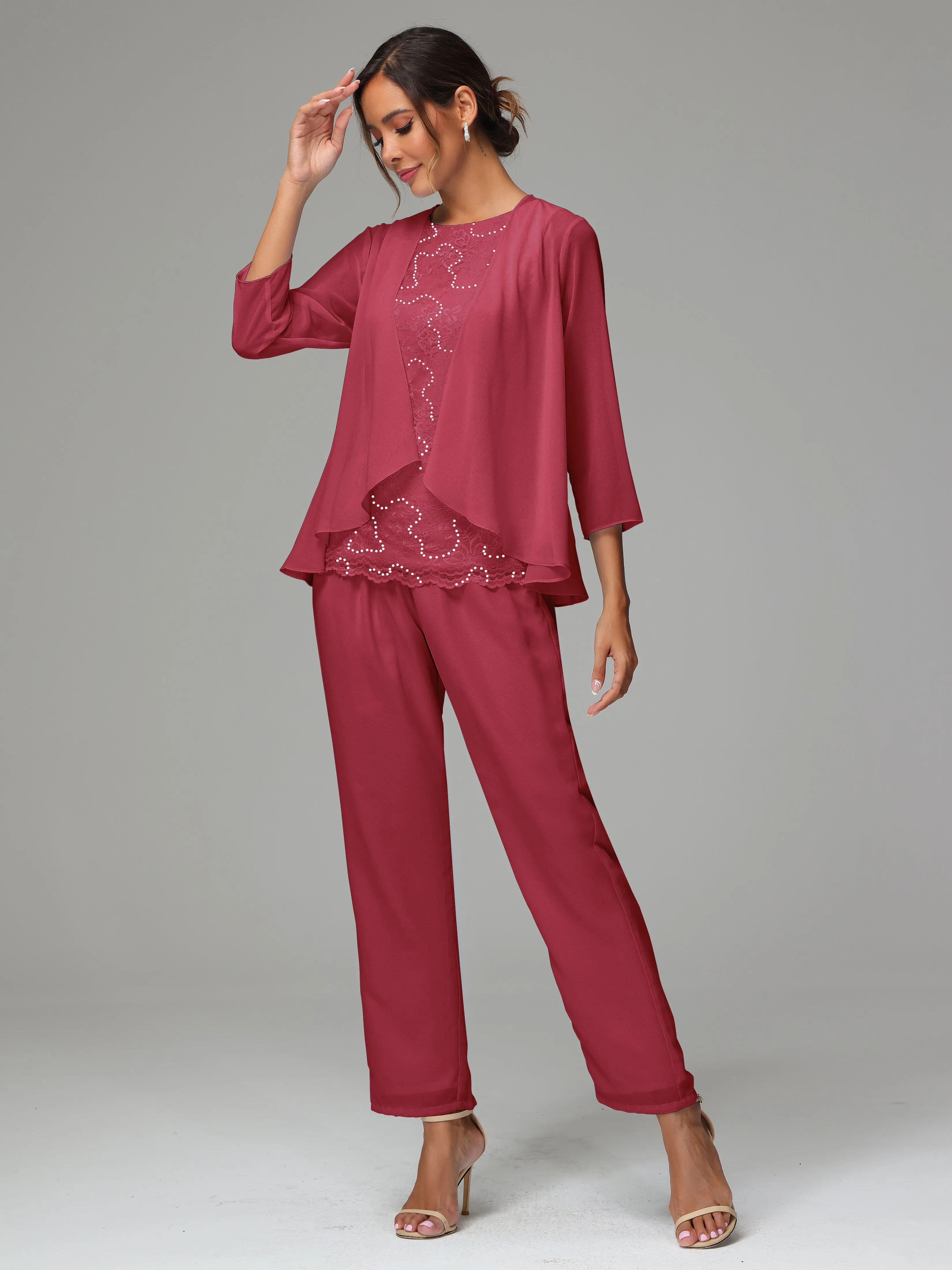 Chiffon Lace Long Sleeves 3 Pieces Mother Of The Bride Dress Pants Suits
