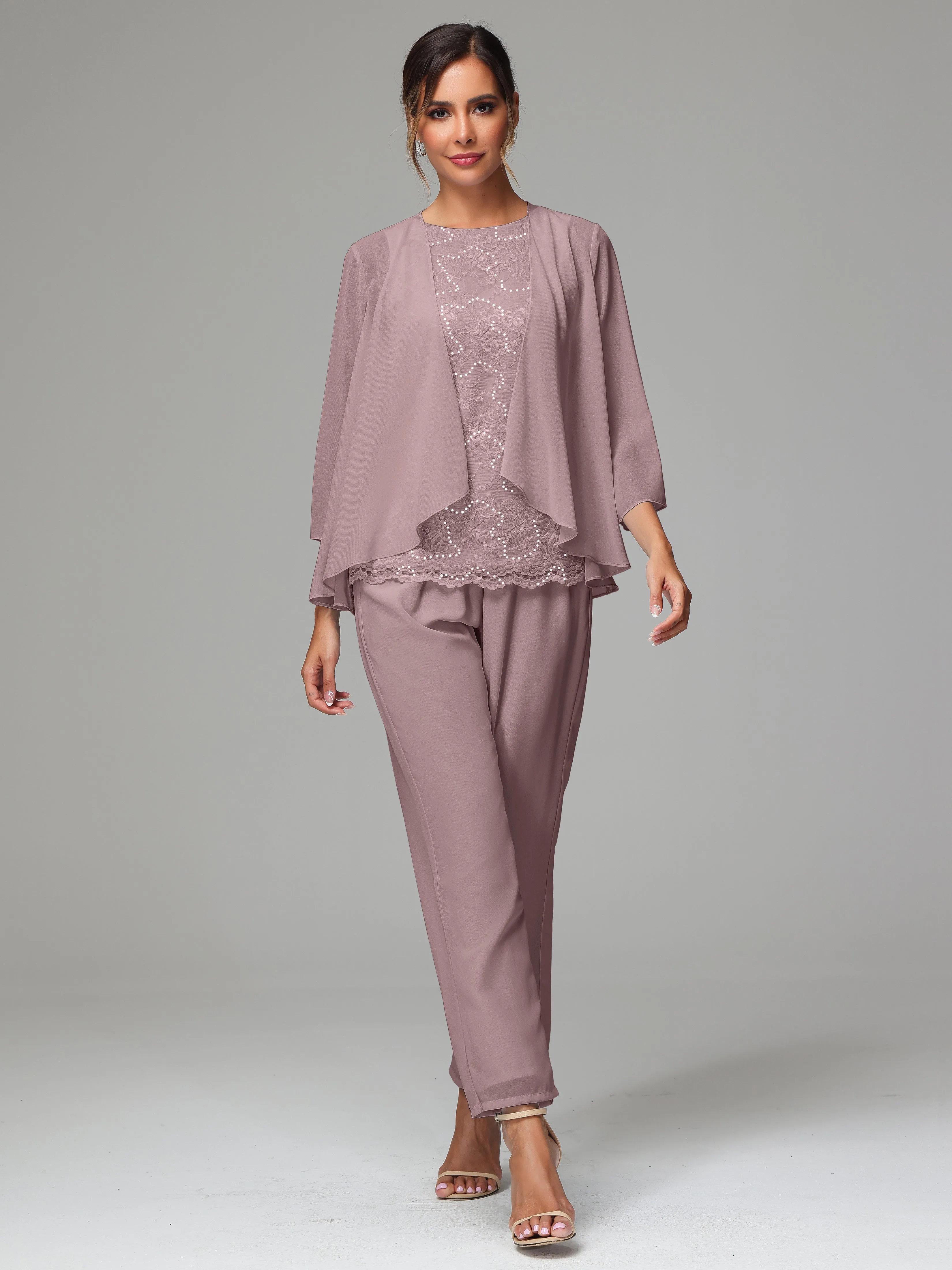 Chiffon Lace Long Sleeves 3 Pieces Mother Of The Bride Dress Pants Suits