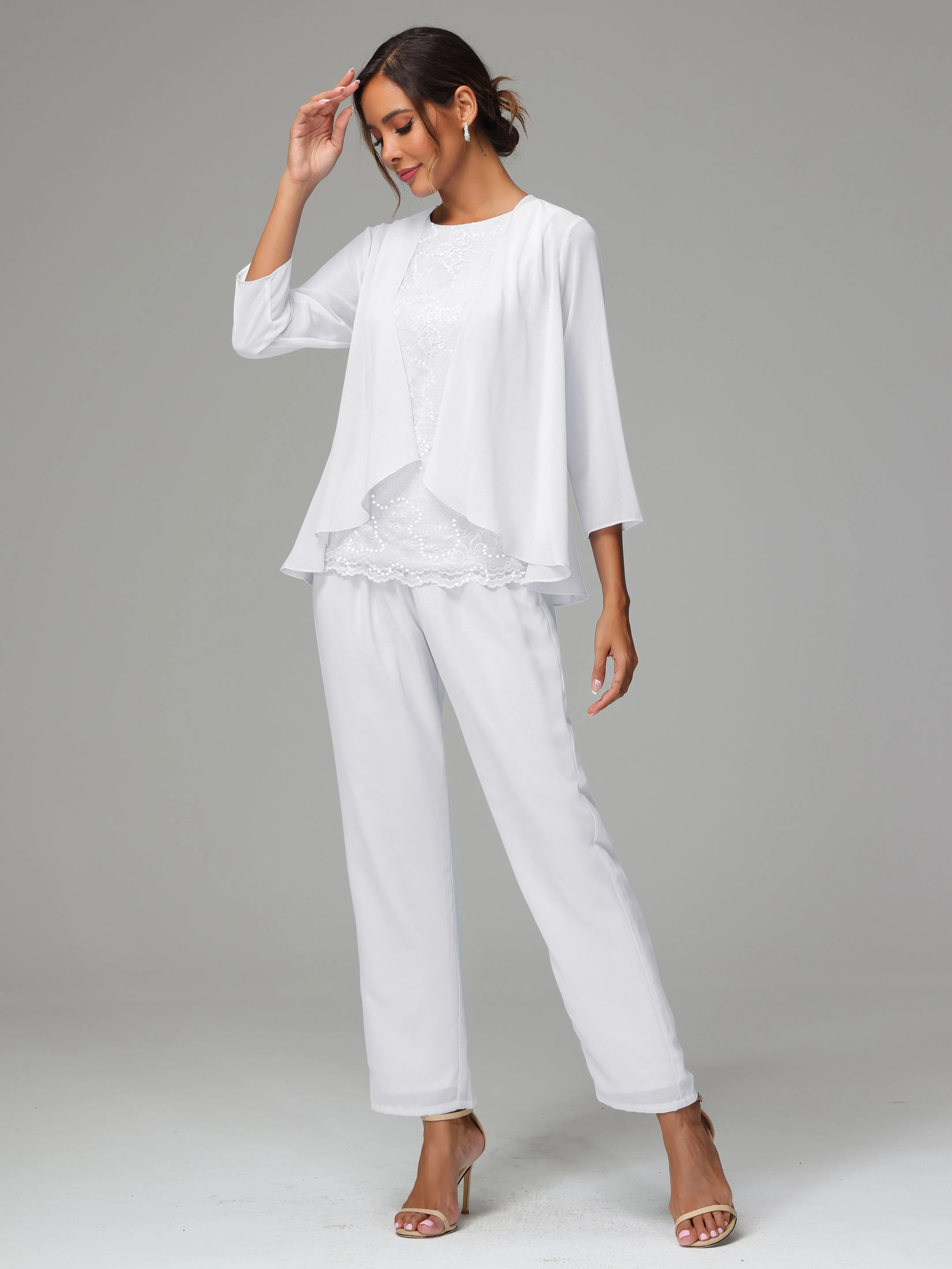 Chiffon Lace Long Sleeves 3 Pieces Mother Of The Bride Dress Pants Suits