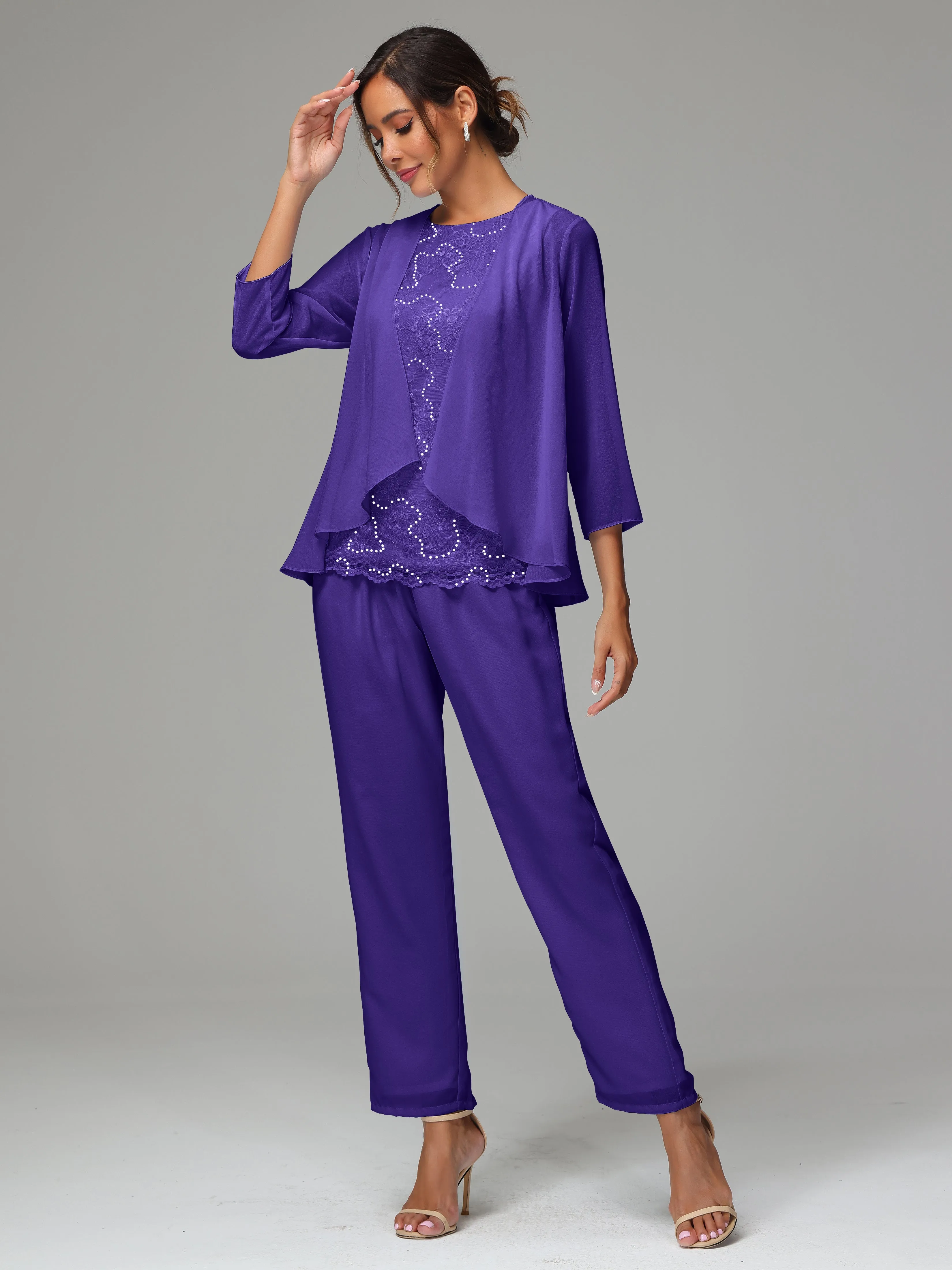 Chiffon Lace Long Sleeves 3 Pieces Mother Of The Bride Dress Pants Suits