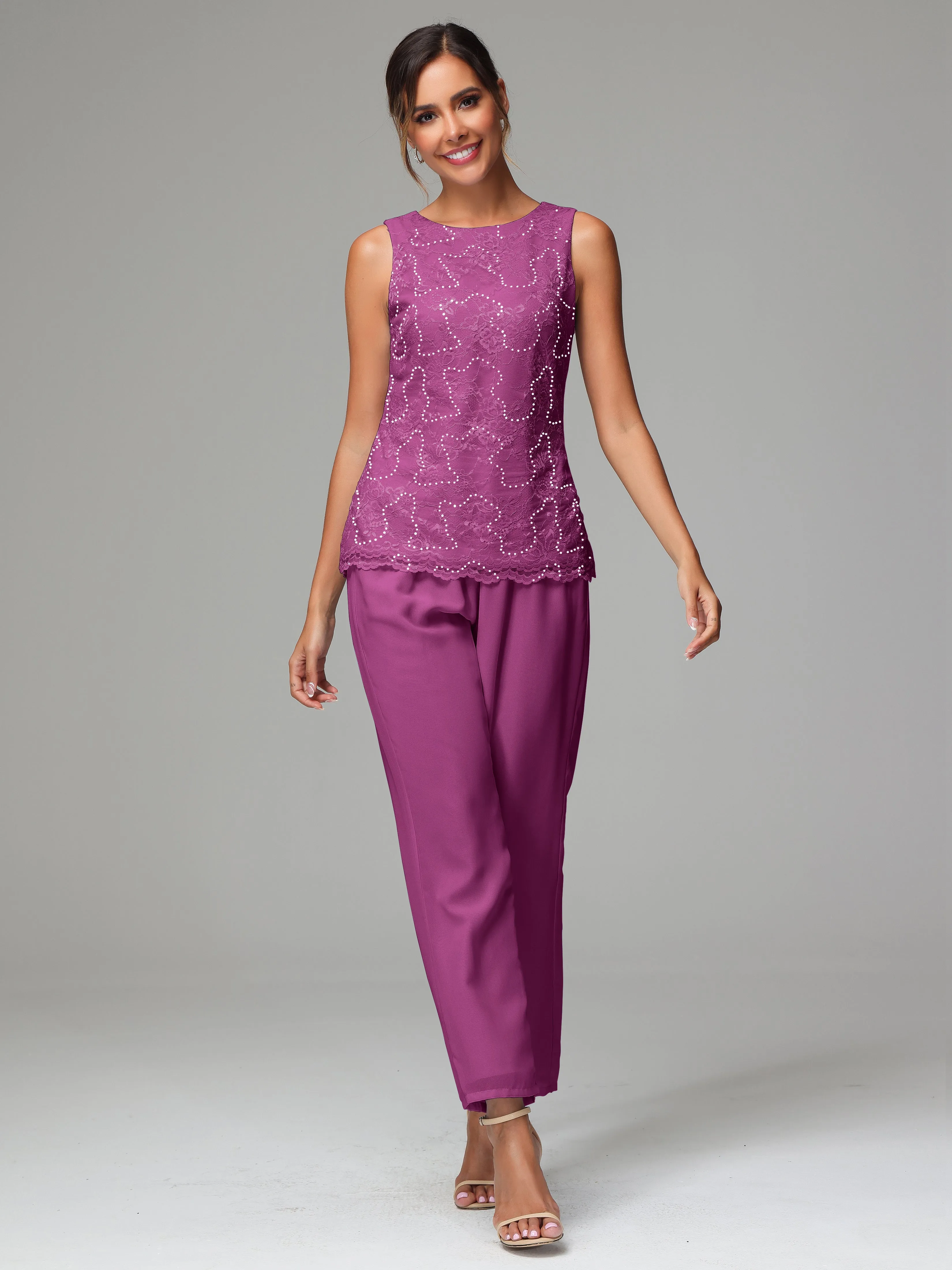 Chiffon Lace Long Sleeves 3 Pieces Mother Of The Bride Dress Pants Suits