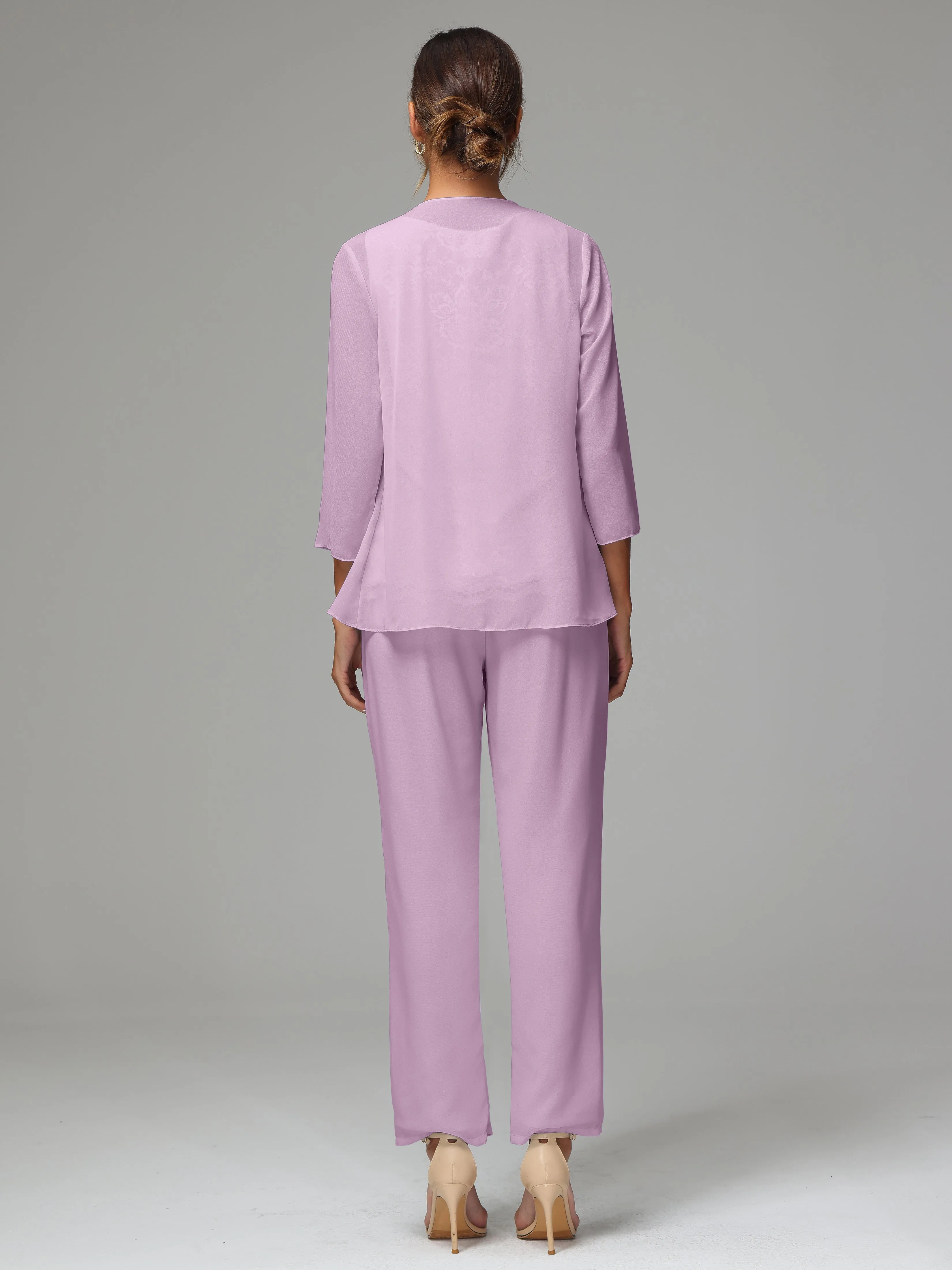 Chiffon Lace Long Sleeves 3 Pieces Mother Of The Bride Dress Pants Suits