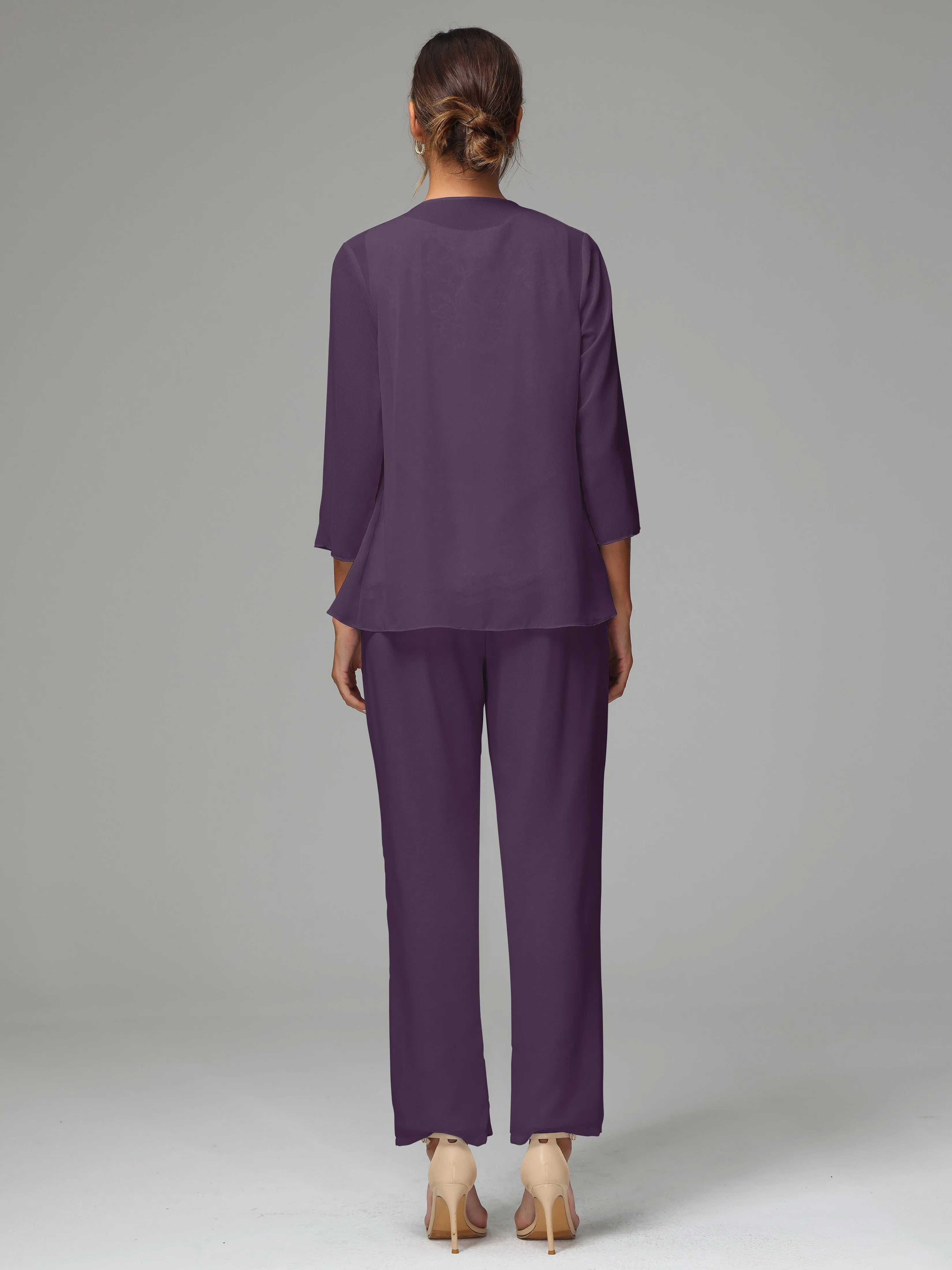 Chiffon Lace Long Sleeves 3 Pieces Mother Of The Bride Dress Pants Suits