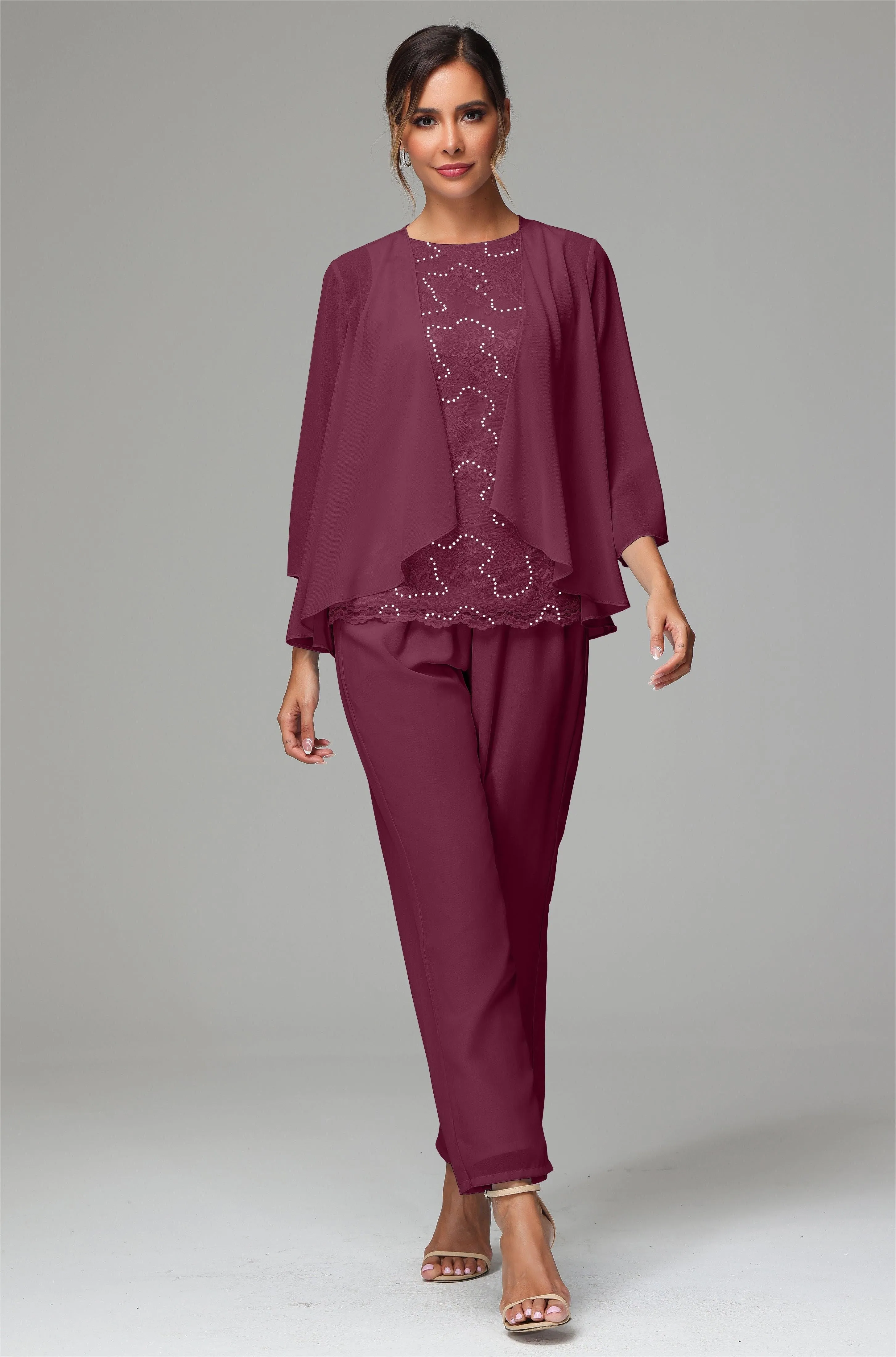 Chiffon Lace Long Sleeves 3 Pieces Mother Of The Bride Dress Pants Suits