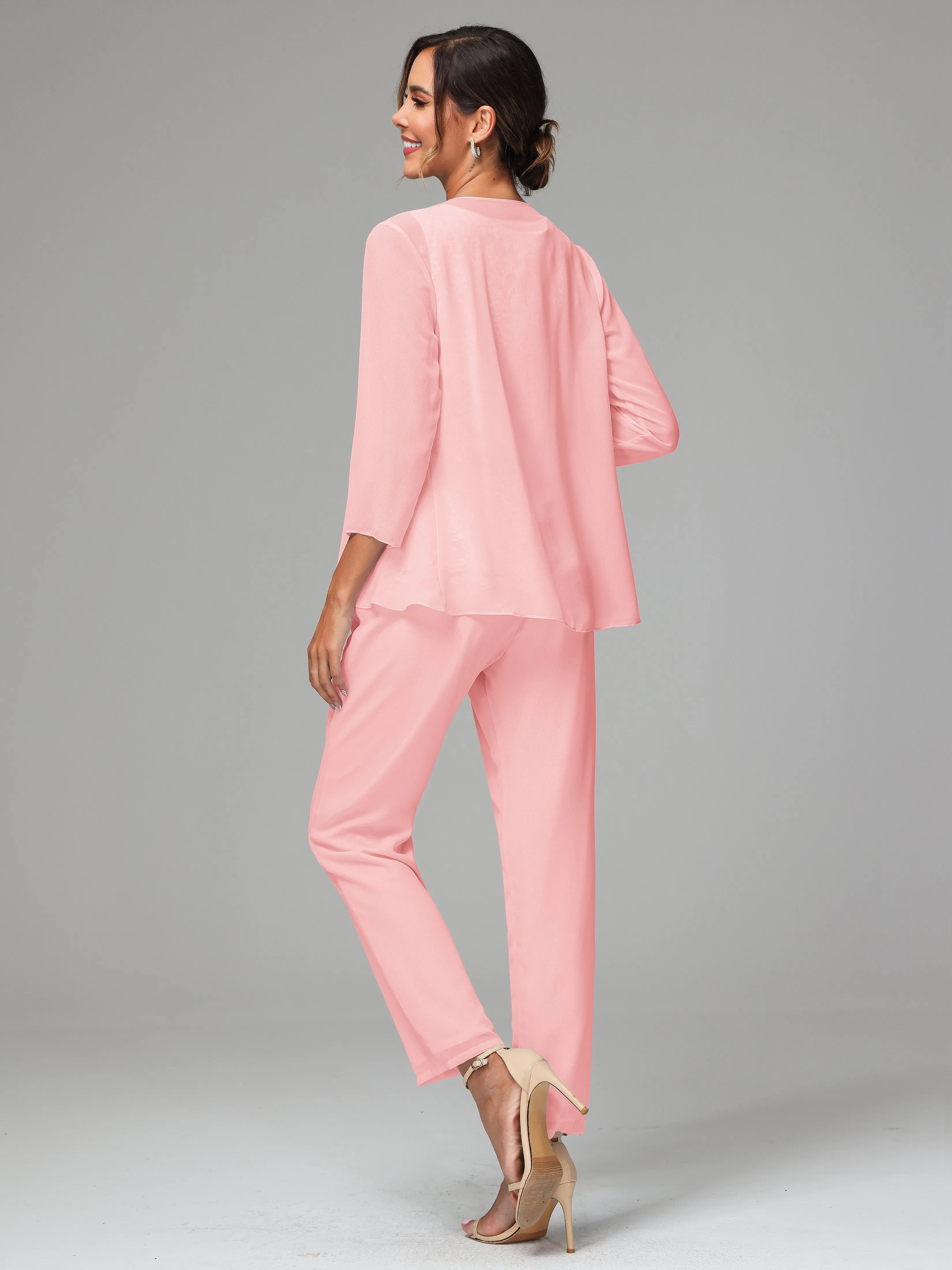 Chiffon Lace Long Sleeves 3 Pieces Mother Of The Bride Dress Pants Suits