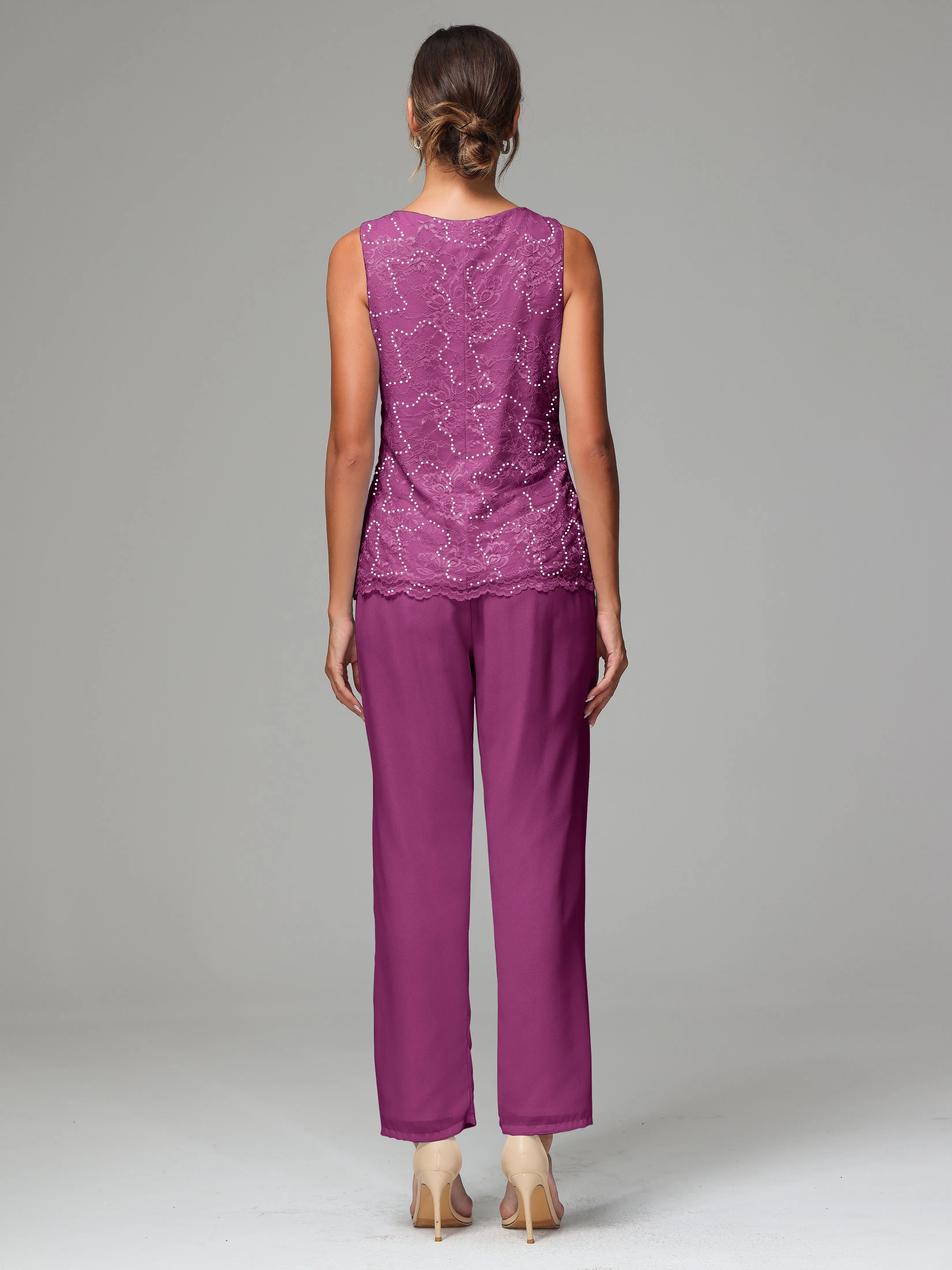 Chiffon Lace Long Sleeves 3 Pieces Mother Of The Bride Dress Pants Suits