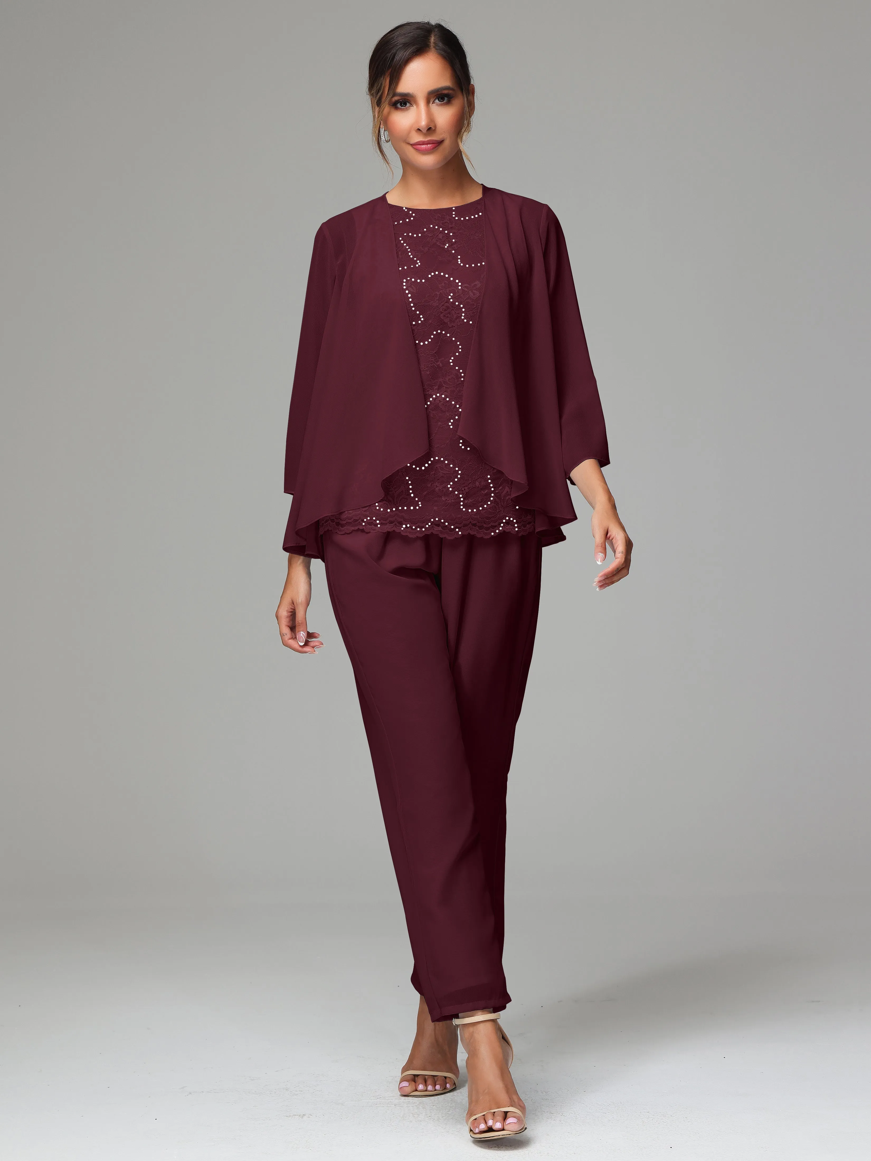 Chiffon Lace Long Sleeves 3 Pieces Mother Of The Bride Dress Pants Suits