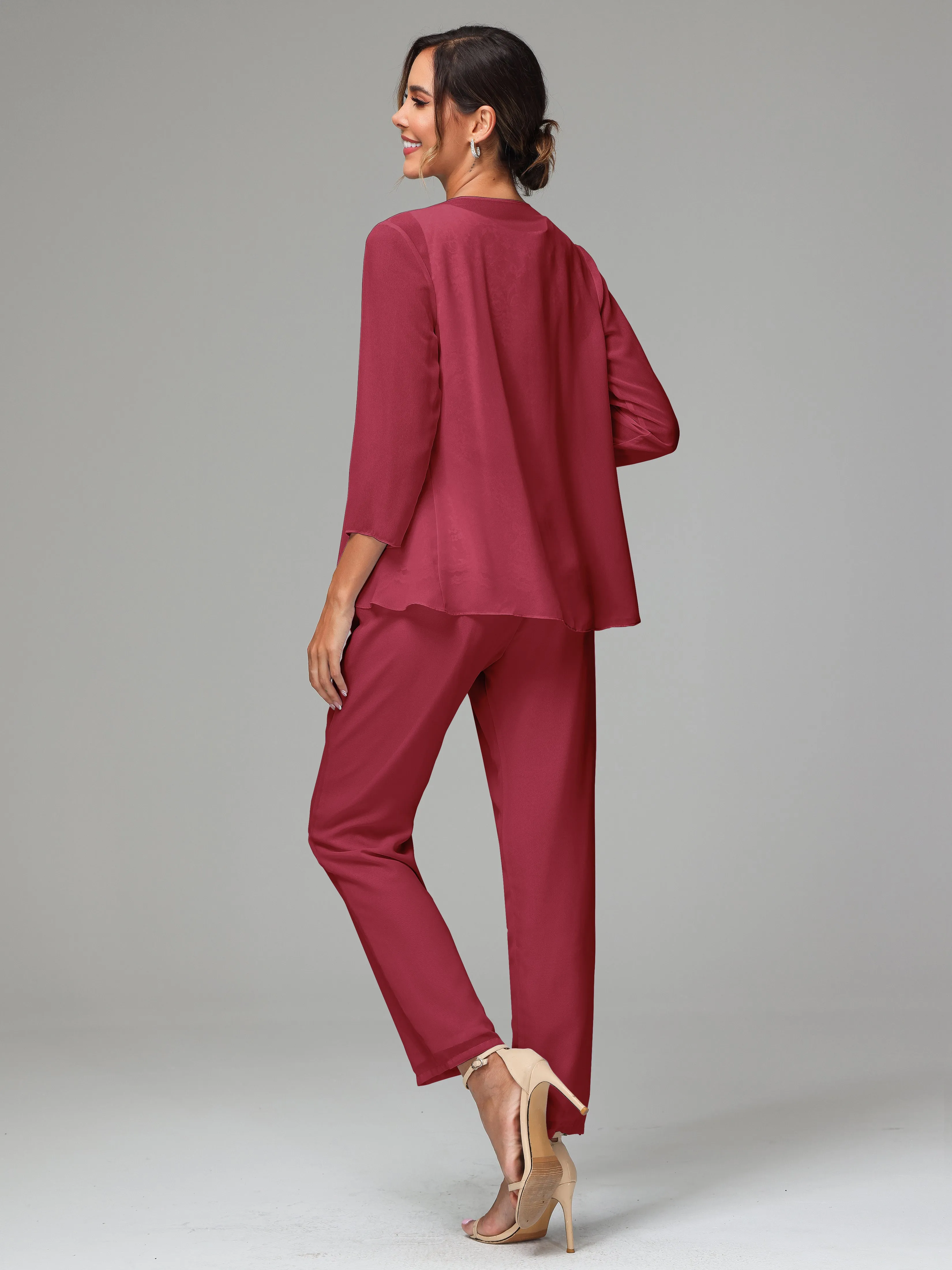 Chiffon Lace Long Sleeves 3 Pieces Mother Of The Bride Dress Pants Suits