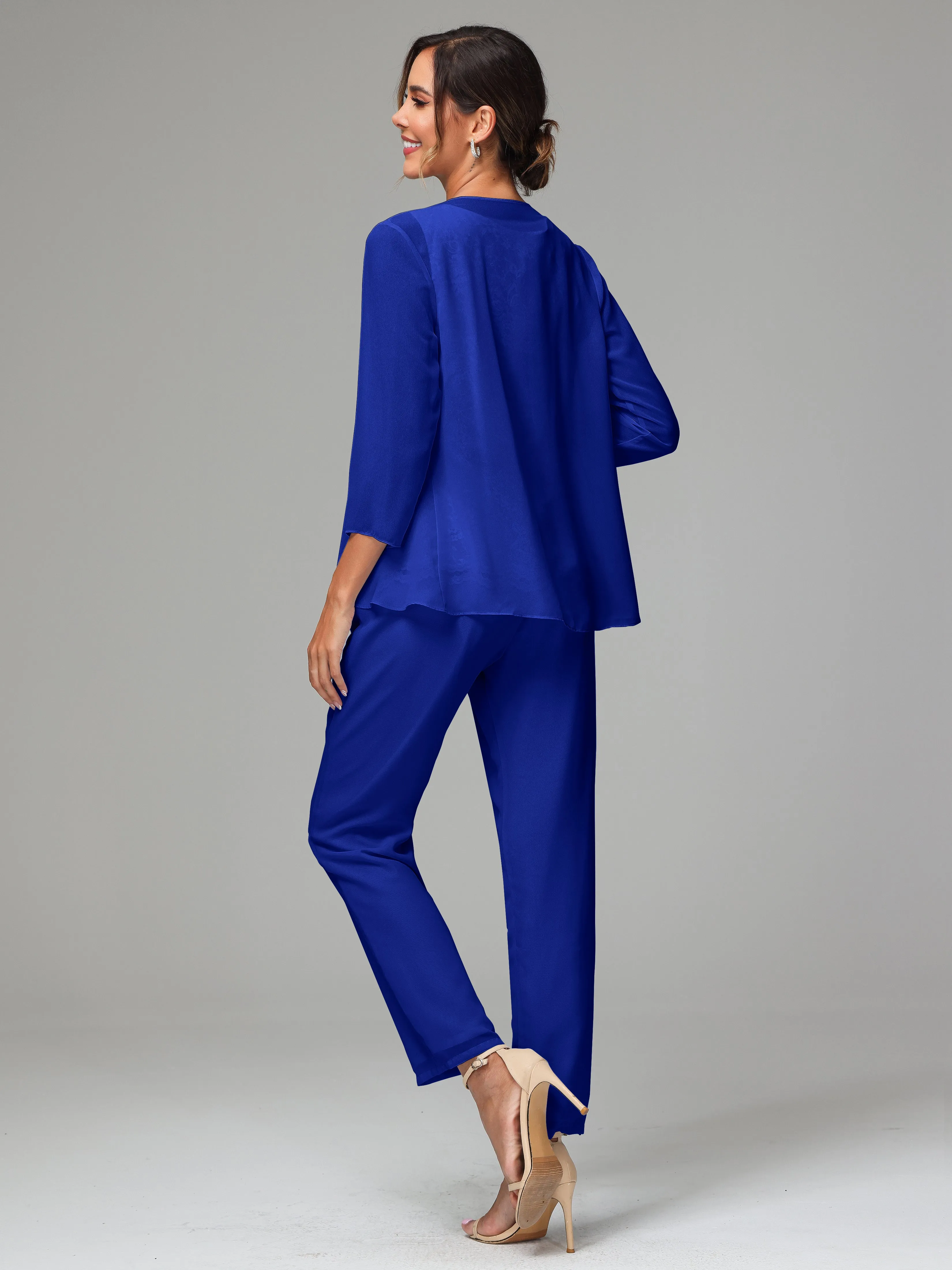 Chiffon Lace Long Sleeves 3 Pieces Mother Of The Bride Dress Pants Suits