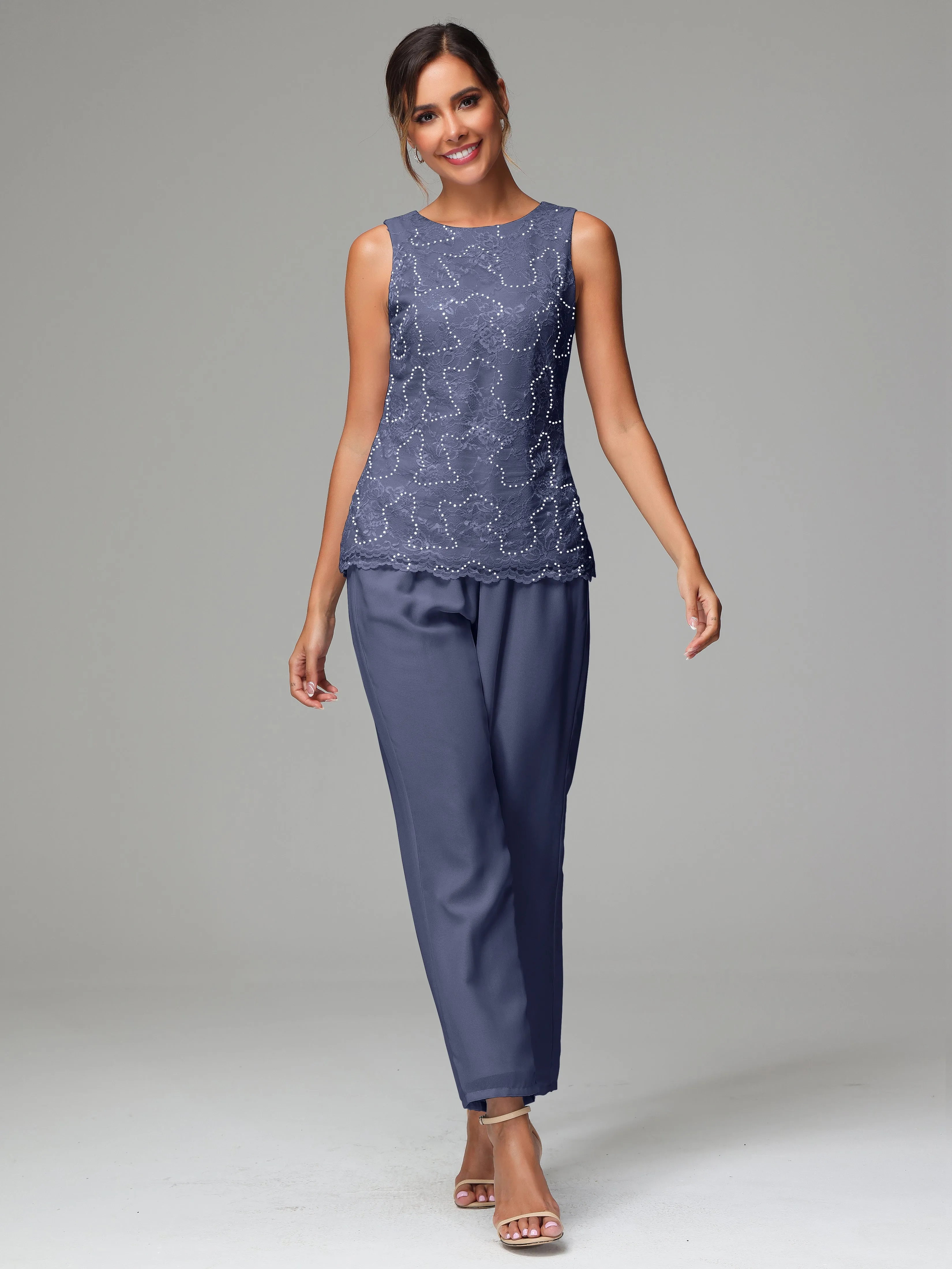Chiffon Lace Long Sleeves 3 Pieces Mother Of The Bride Dress Pants Suits