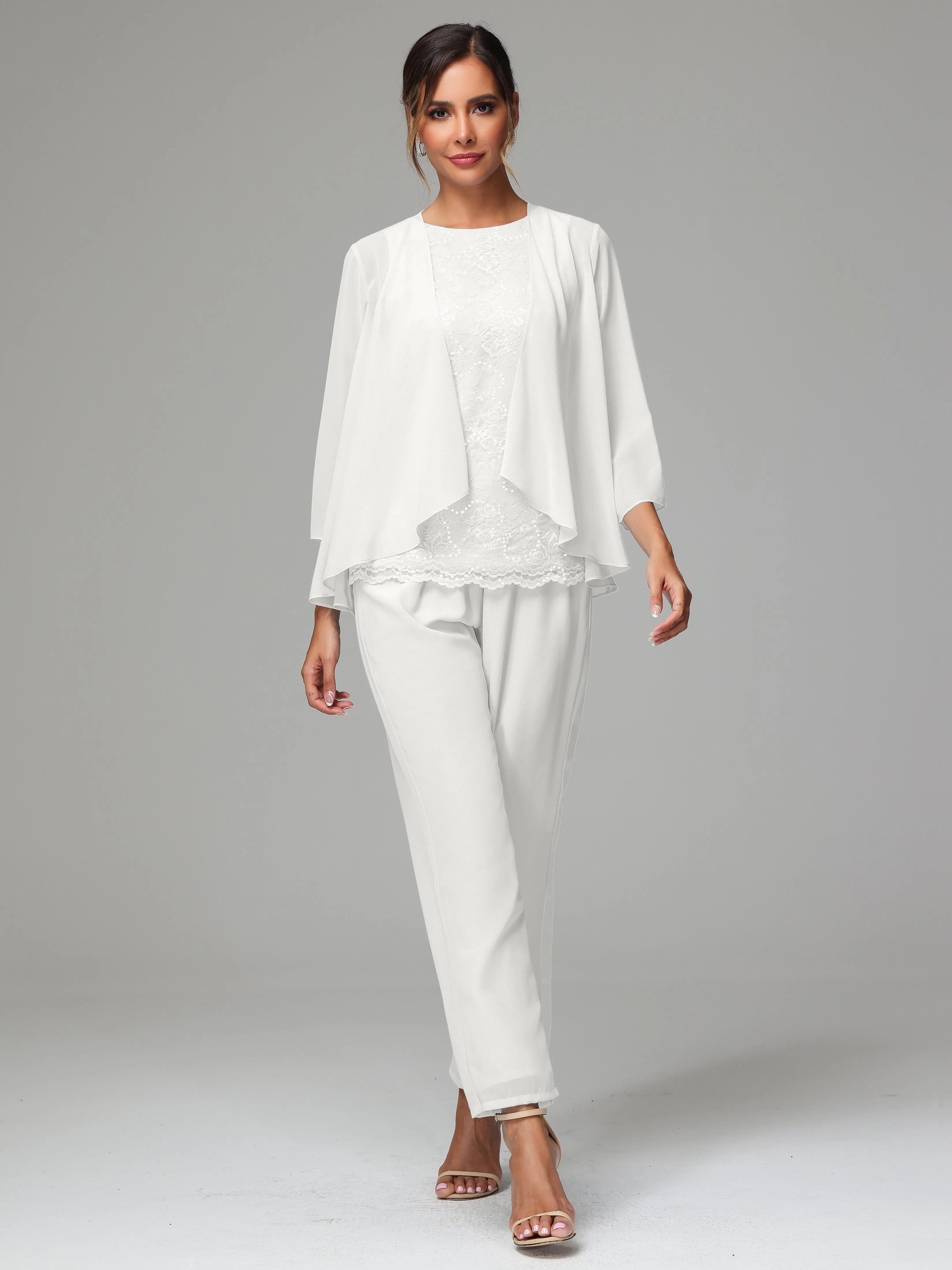Chiffon Lace Long Sleeves 3 Pieces Mother Of The Bride Dress Pants Suits
