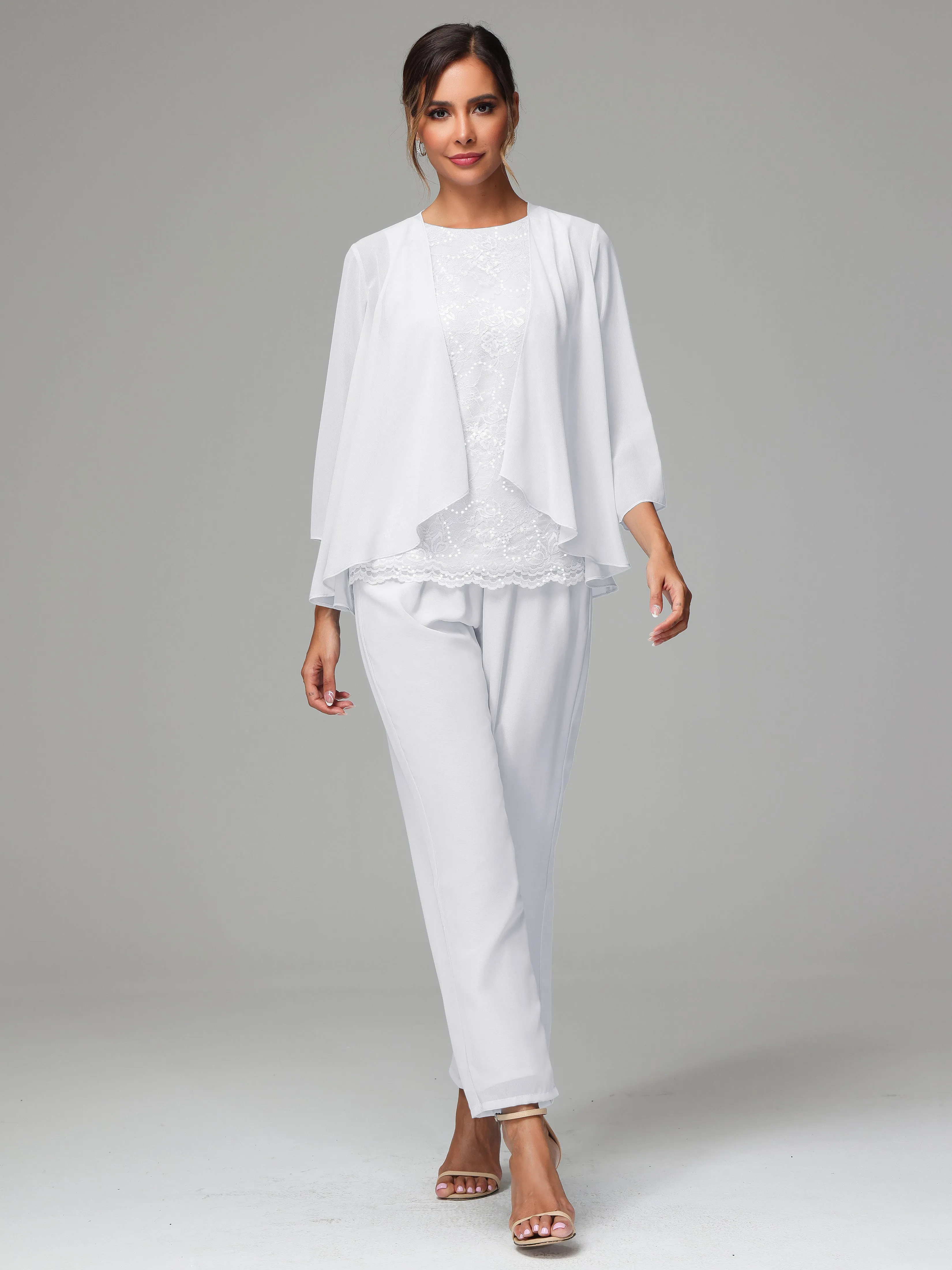 Chiffon Lace Long Sleeves 3 Pieces Mother Of The Bride Dress Pants Suits