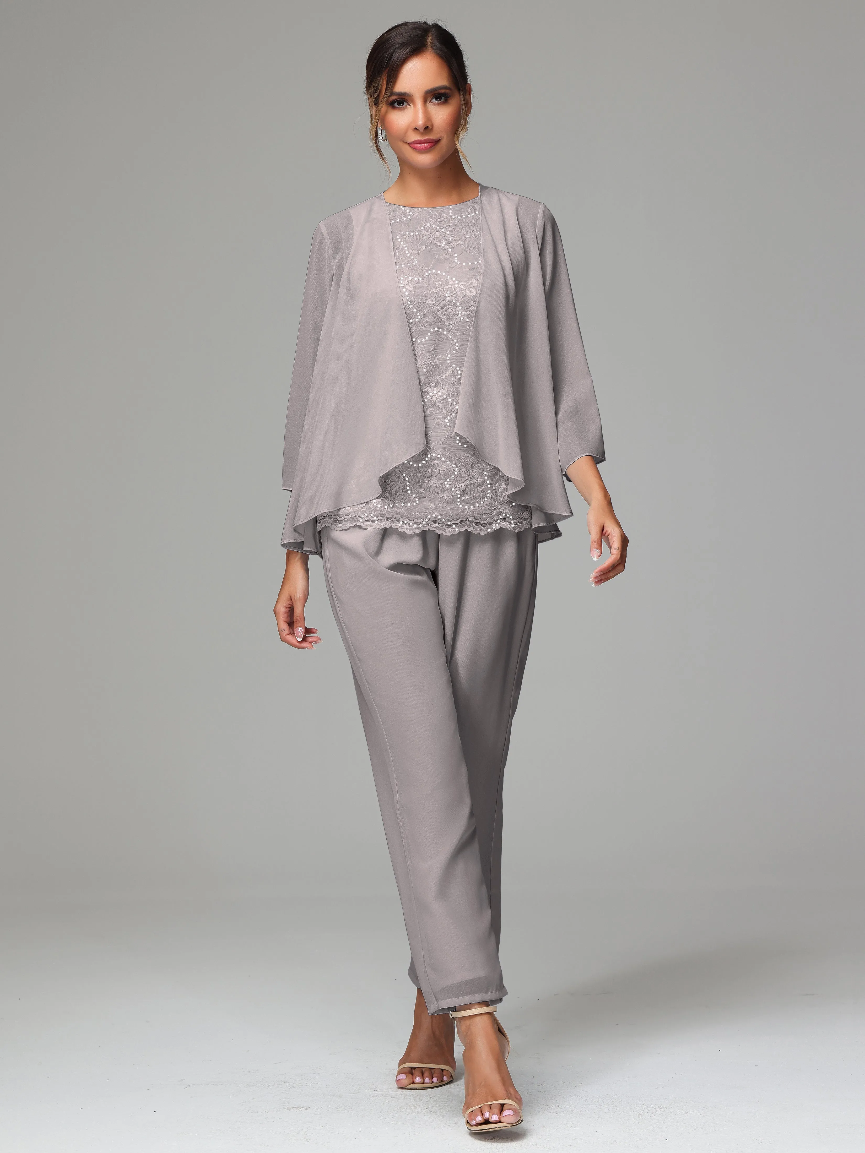 Chiffon Lace Long Sleeves 3 Pieces Mother Of The Bride Dress Pants Suits