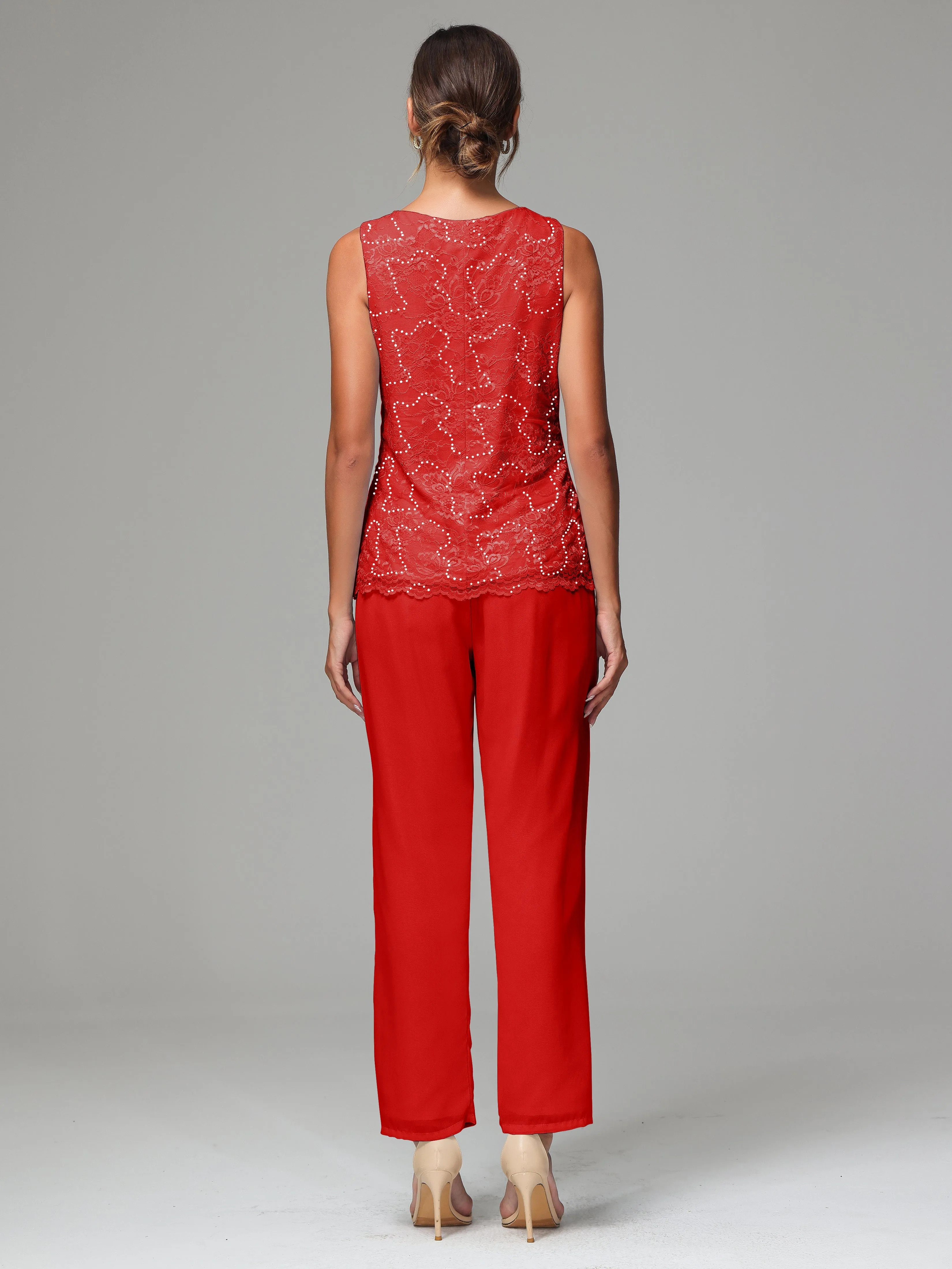 Chiffon Lace Long Sleeves 3 Pieces Mother Of The Bride Dress Pants Suits