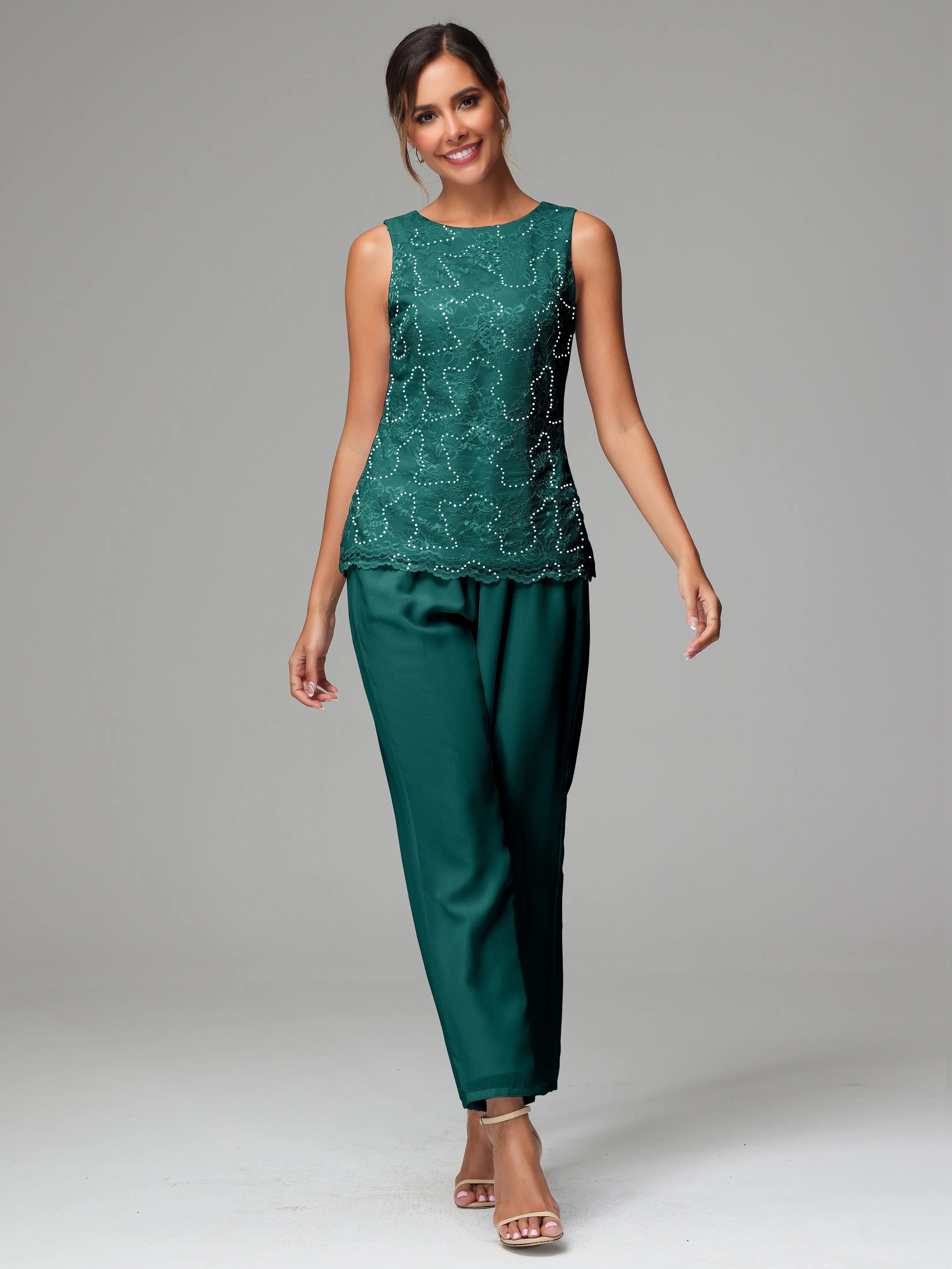 Chiffon Lace Long Sleeves 3 Pieces Mother Of The Bride Dress Pants Suits