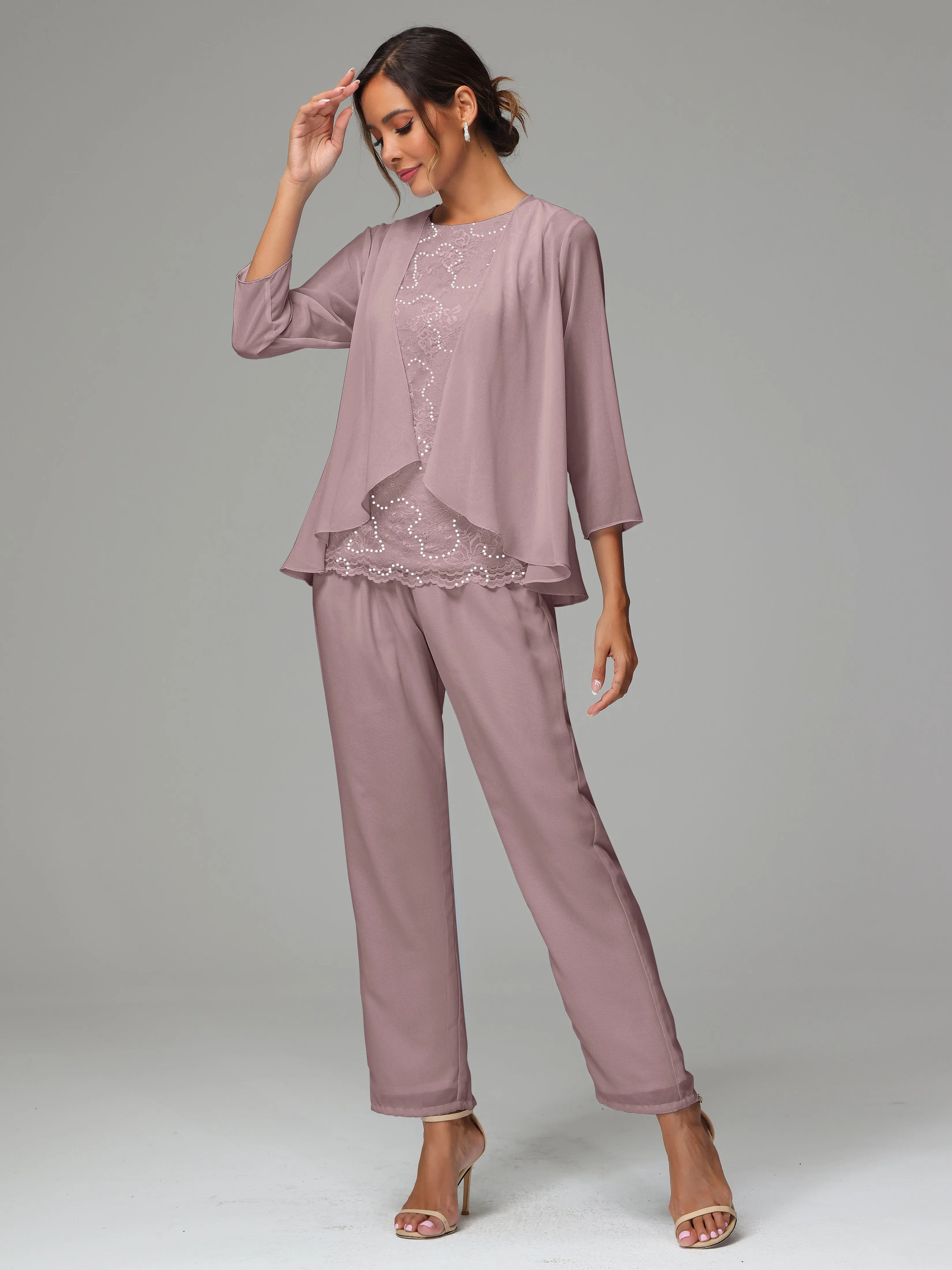 Chiffon Lace Long Sleeves 3 Pieces Mother Of The Bride Dress Pants Suits
