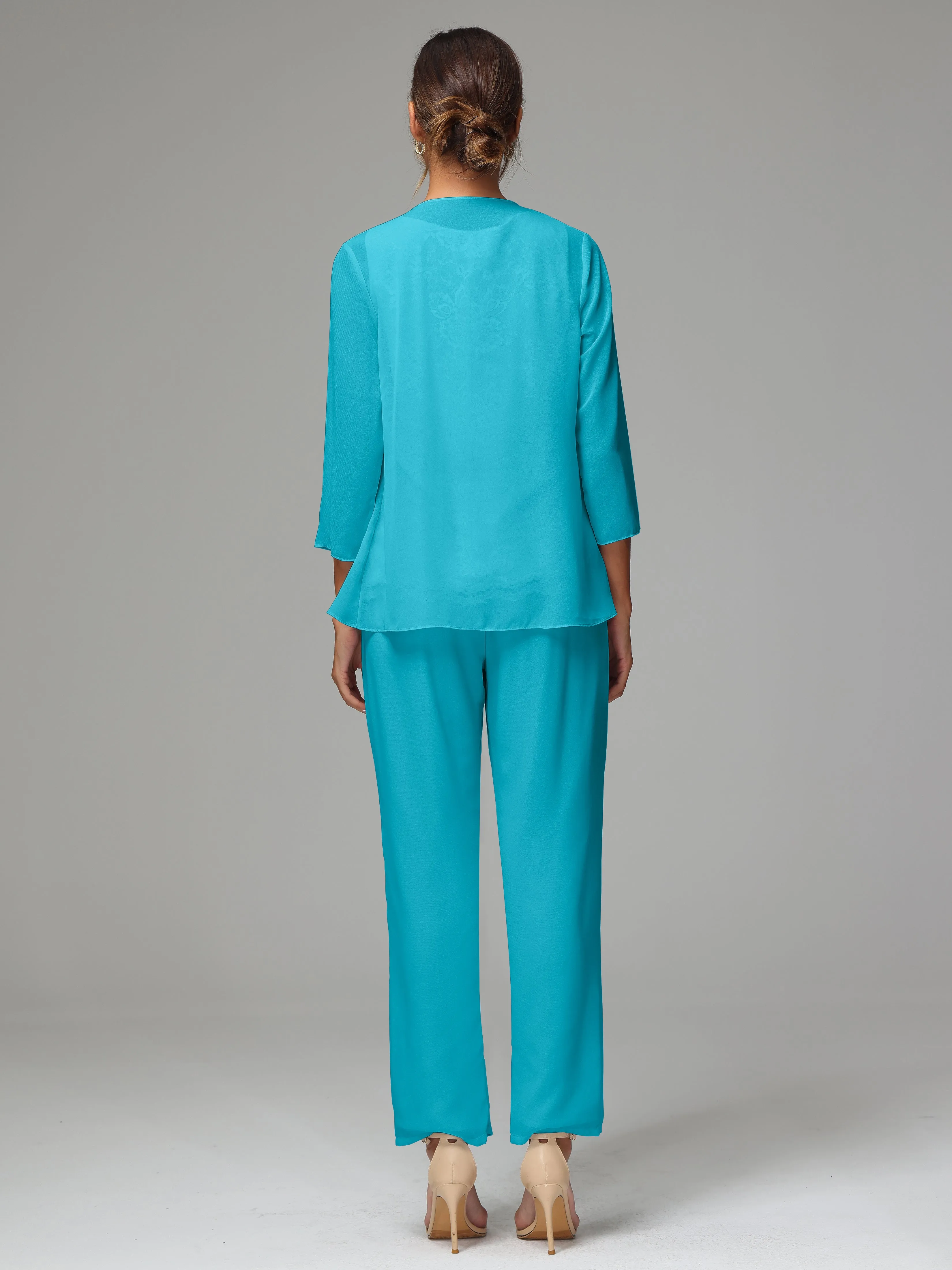 Chiffon Lace Long Sleeves 3 Pieces Mother Of The Bride Dress Pants Suits