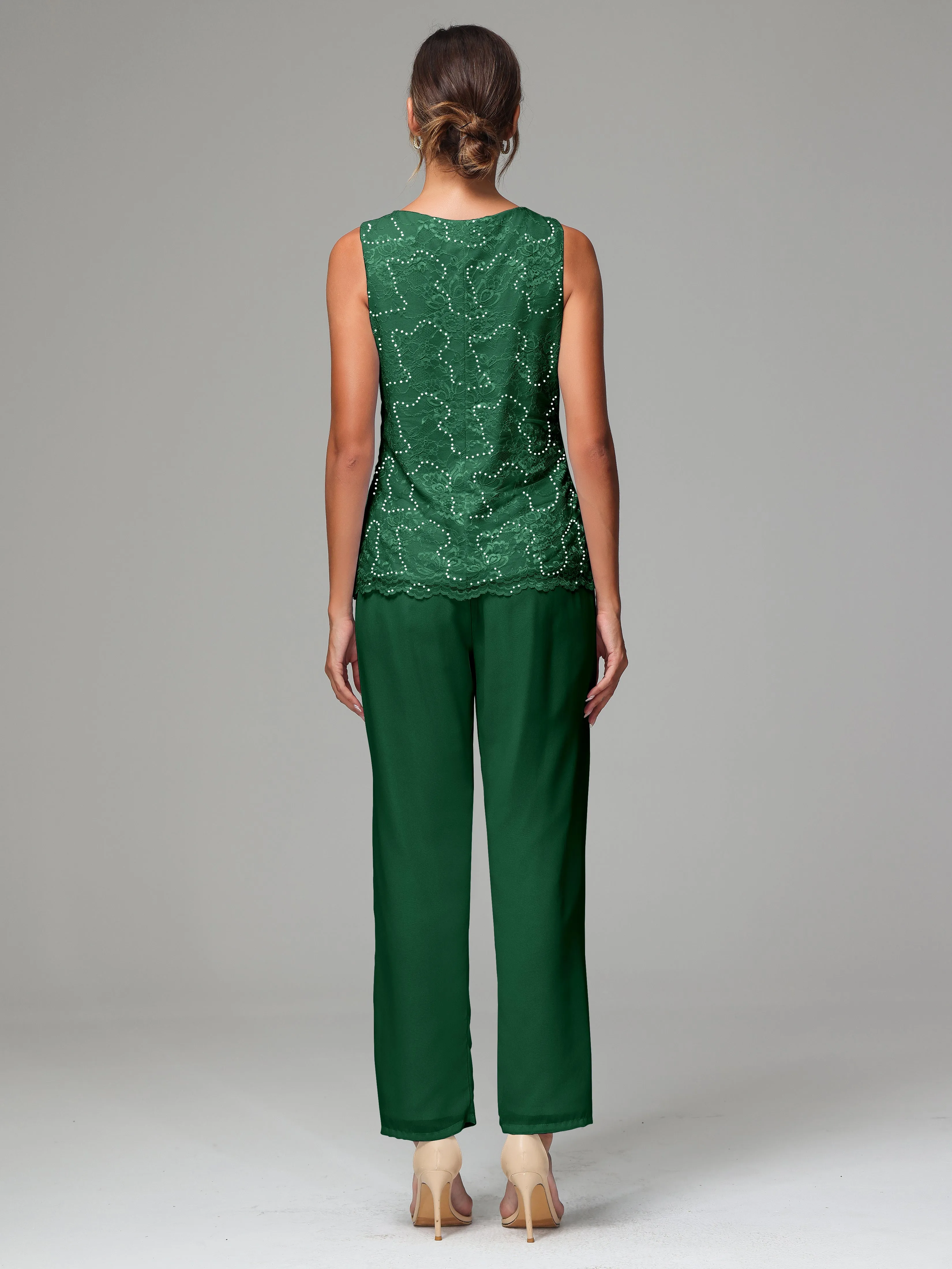 Chiffon Lace Long Sleeves 3 Pieces Mother Of The Bride Dress Pants Suits