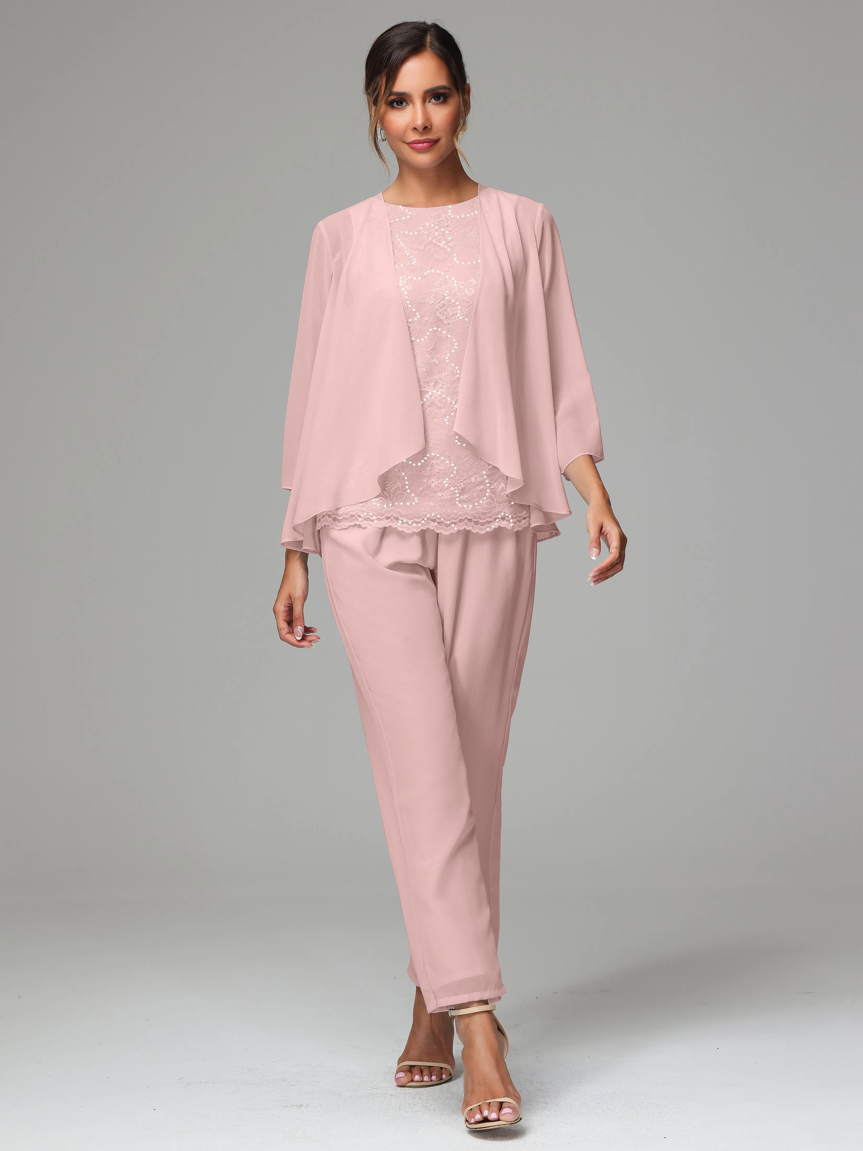 Chiffon Lace Long Sleeves 3 Pieces Mother Of The Bride Dress Pants Suits