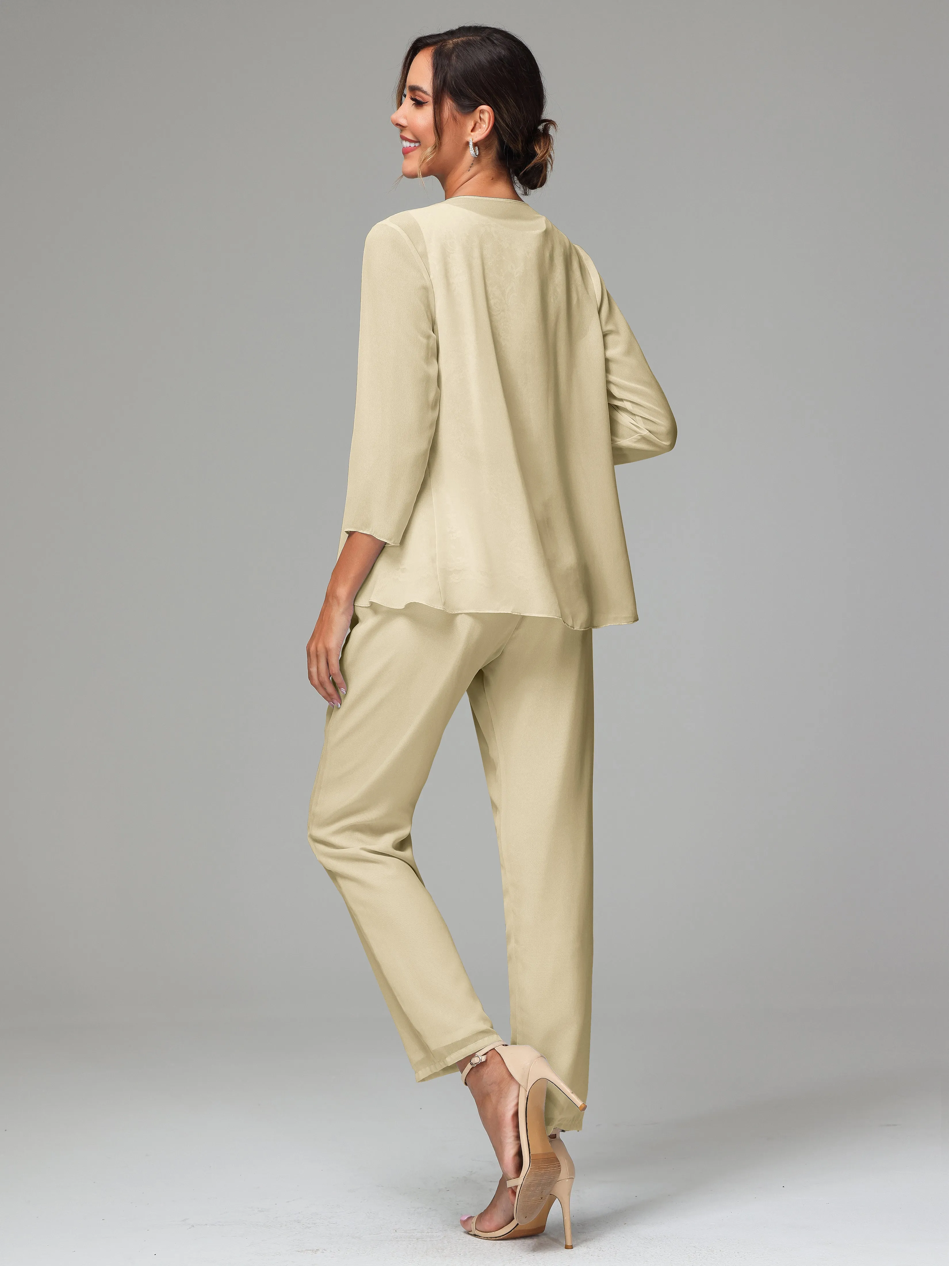 Chiffon Lace Long Sleeves 3 Pieces Mother Of The Bride Dress Pants Suits