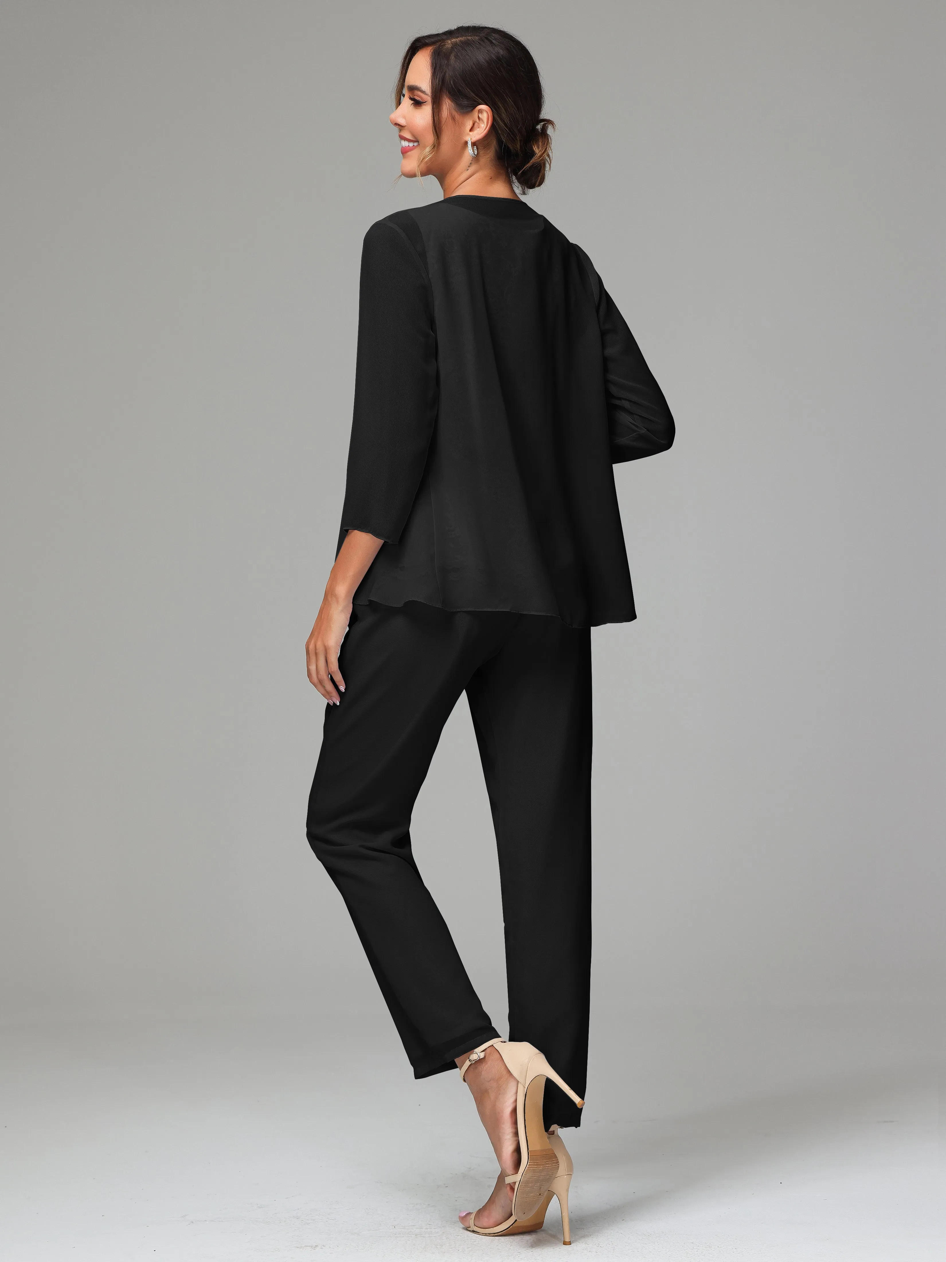 Chiffon Lace Long Sleeves 3 Pieces Mother Of The Bride Dress Pants Suits