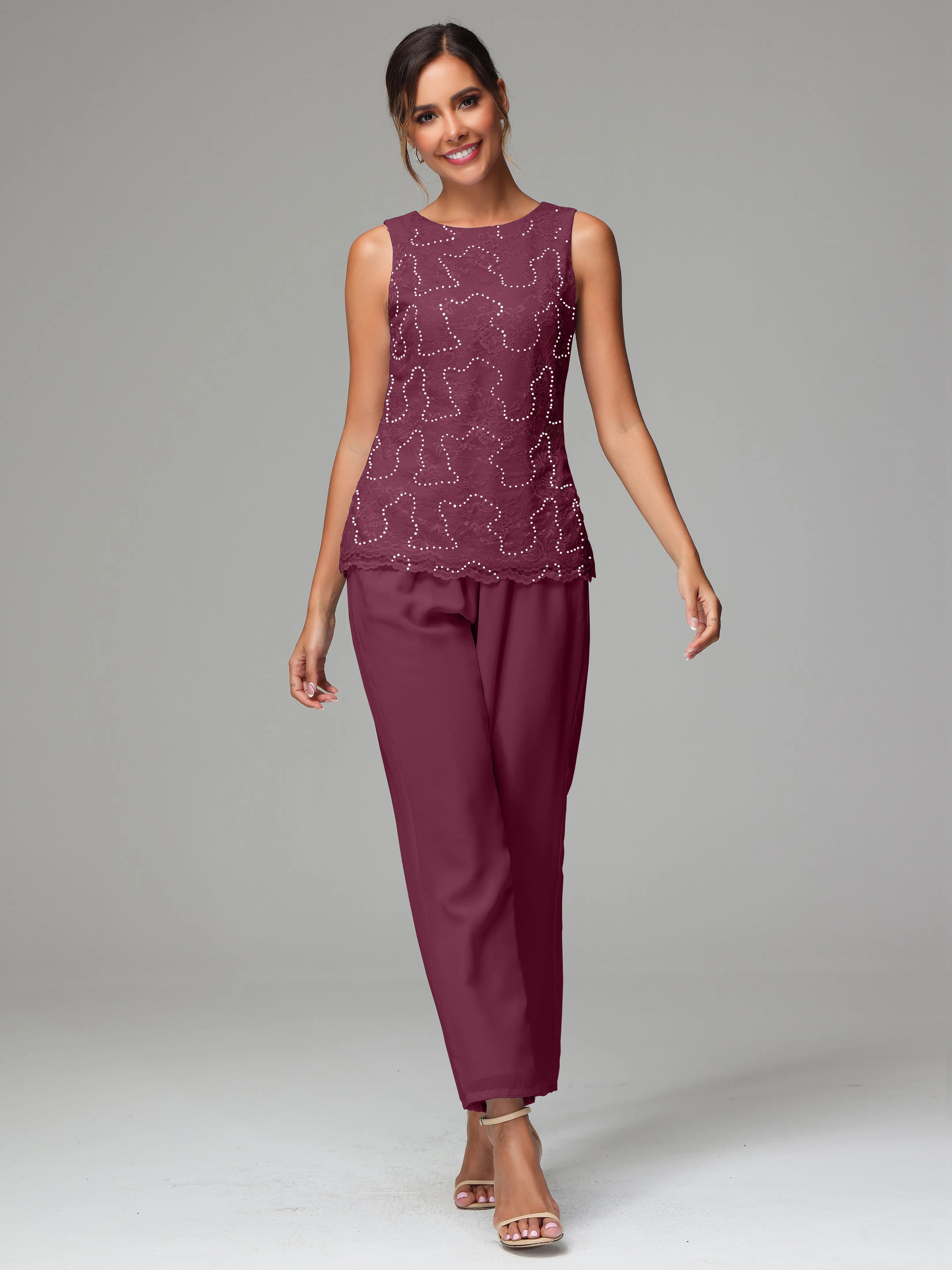 Chiffon Lace Long Sleeves 3 Pieces Mother Of The Bride Dress Pants Suits
