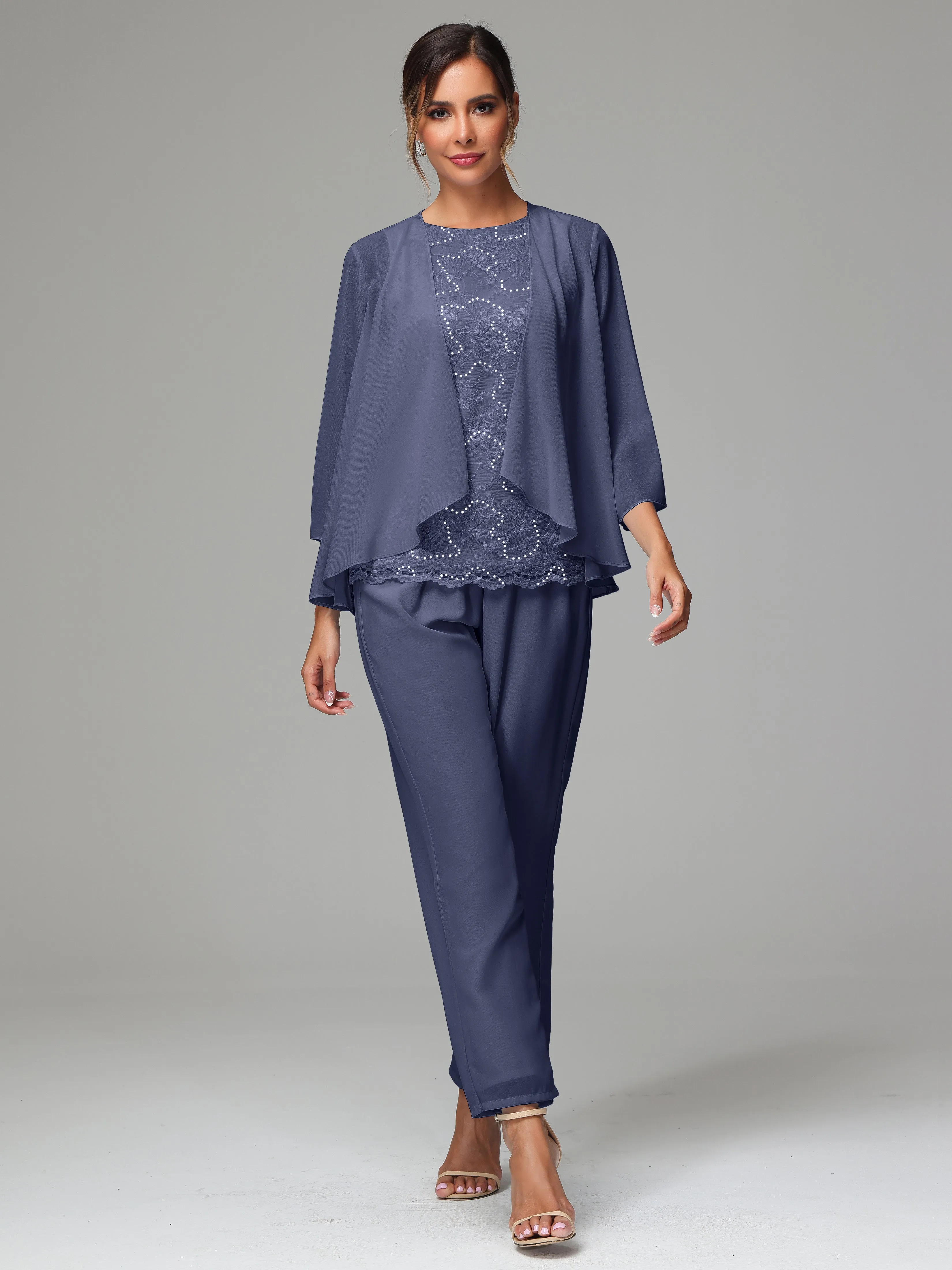 Chiffon Lace Long Sleeves 3 Pieces Mother Of The Bride Dress Pants Suits