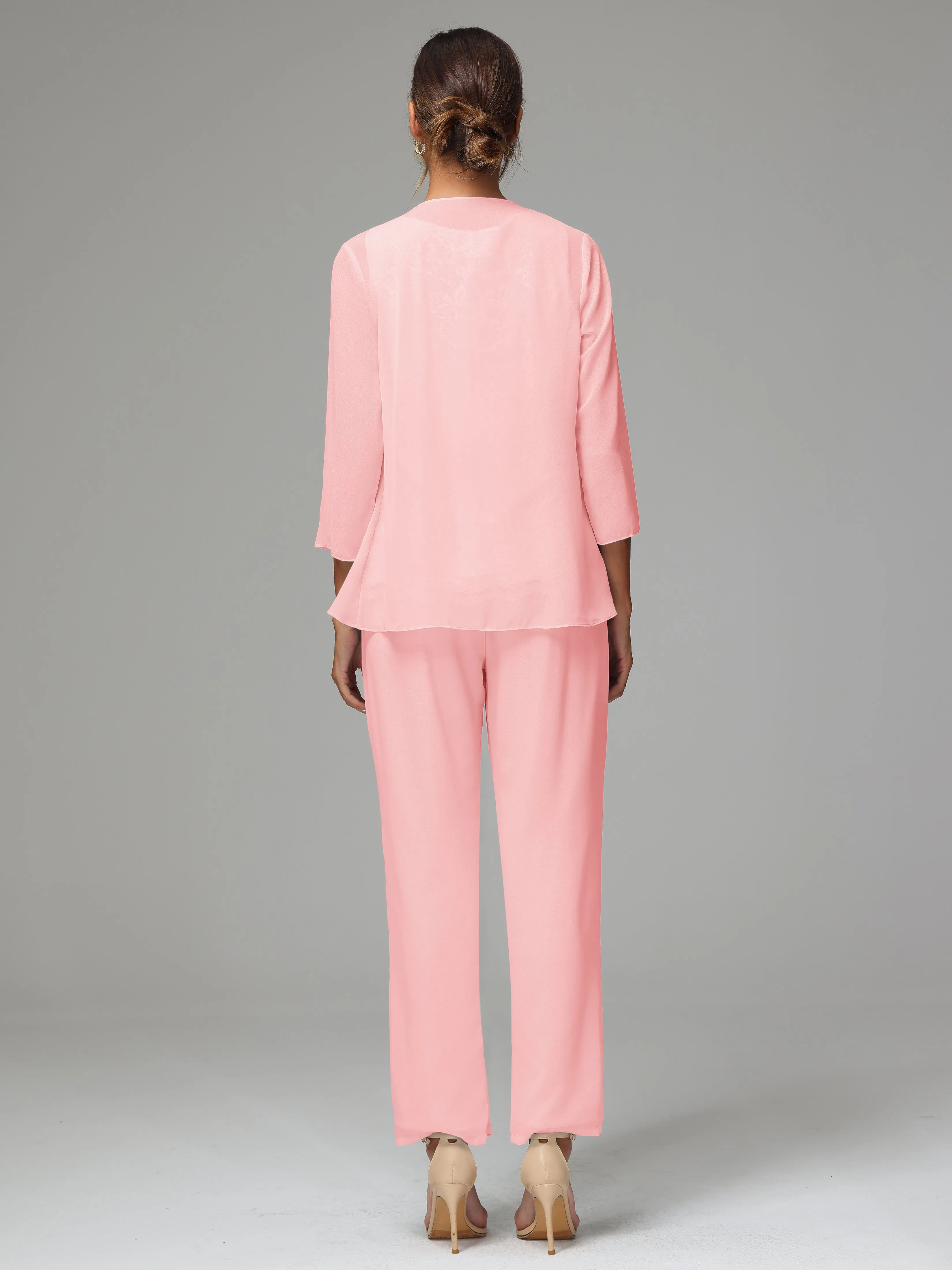 Chiffon Lace Long Sleeves 3 Pieces Mother Of The Bride Dress Pants Suits
