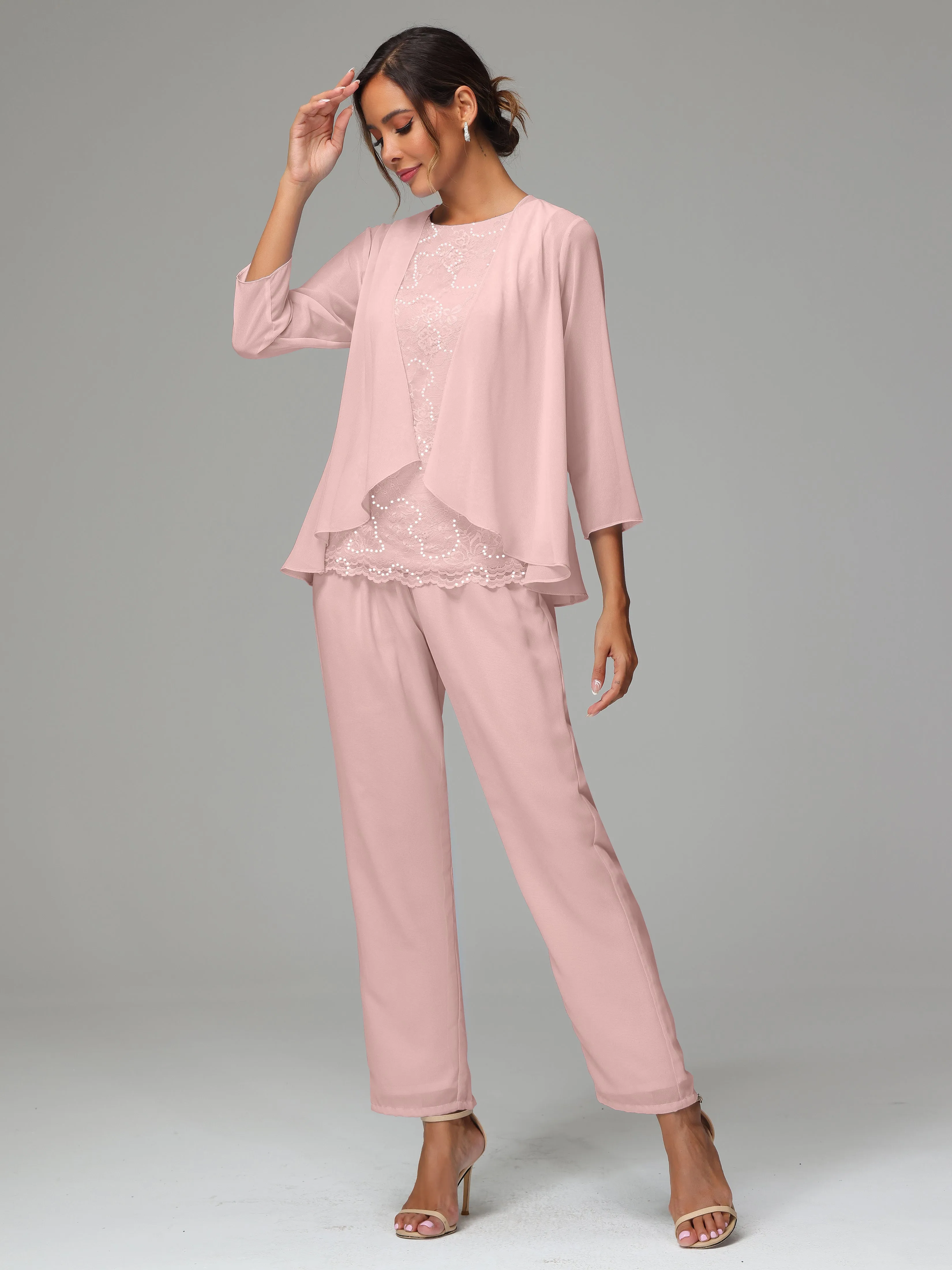 Chiffon Lace Long Sleeves 3 Pieces Mother Of The Bride Dress Pants Suits