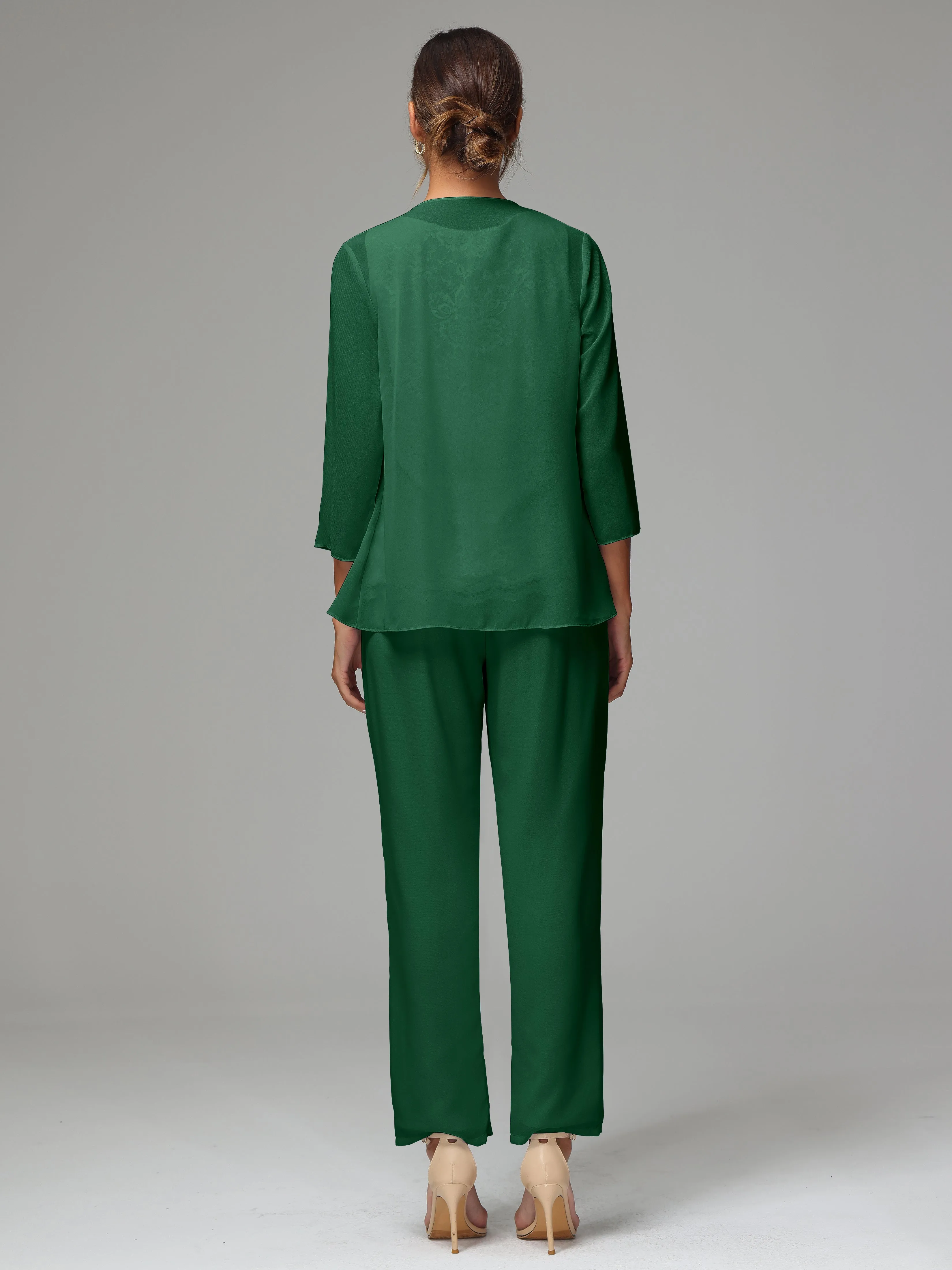 Chiffon Lace Long Sleeves 3 Pieces Mother Of The Bride Dress Pants Suits