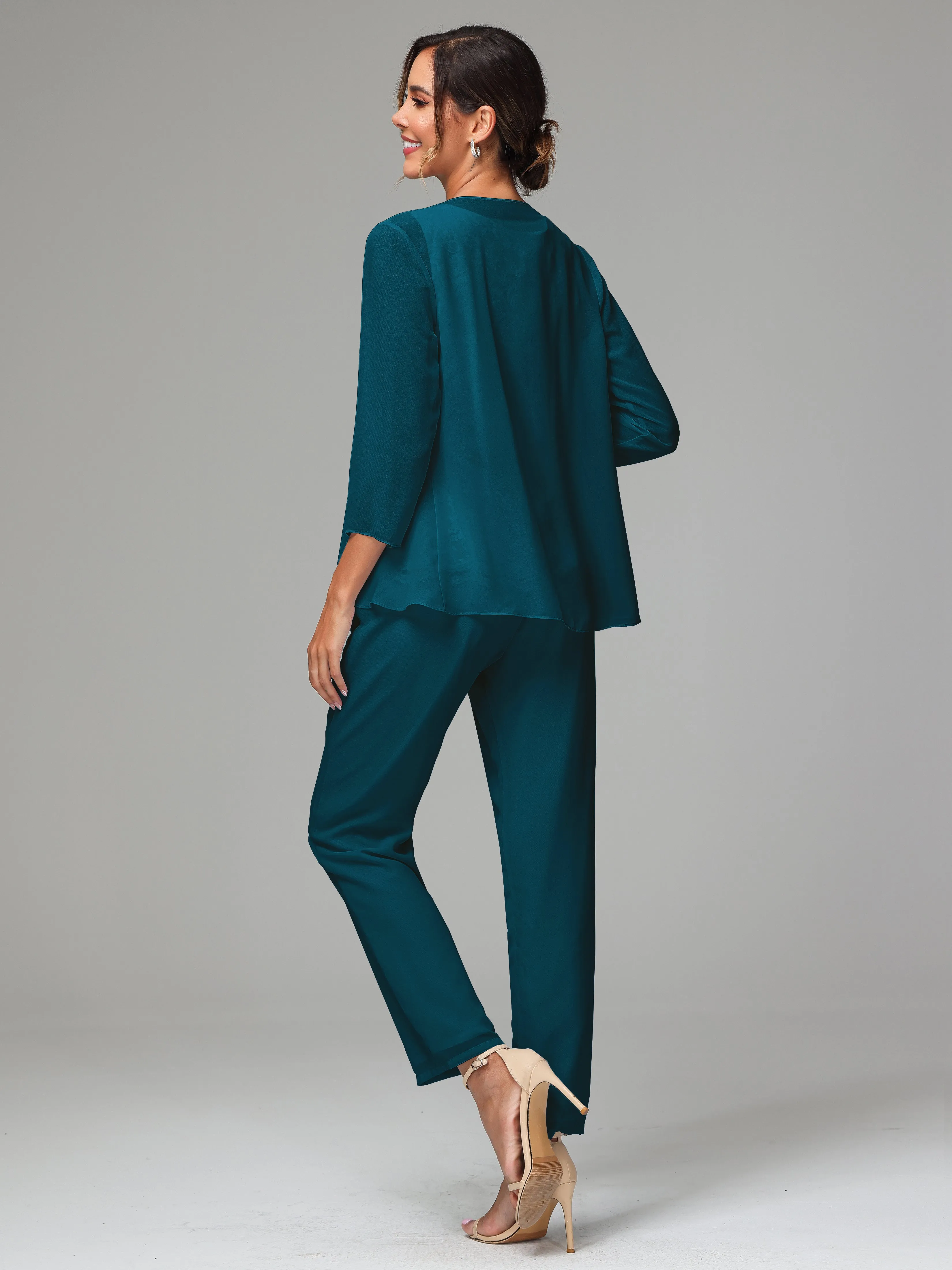 Chiffon Lace Long Sleeves 3 Pieces Mother Of The Bride Dress Pants Suits