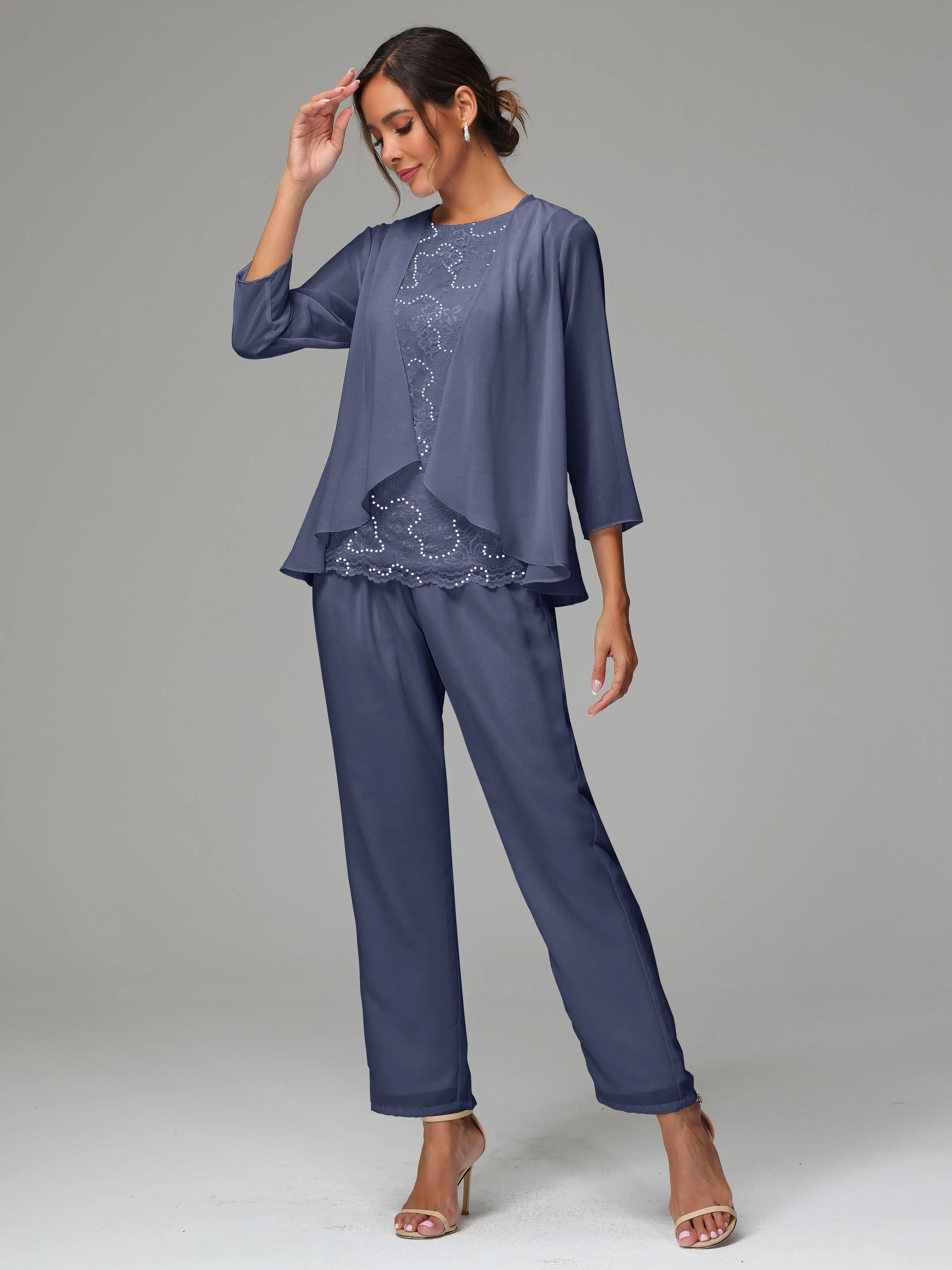 Chiffon Lace Long Sleeves 3 Pieces Mother Of The Bride Dress Pants Suits