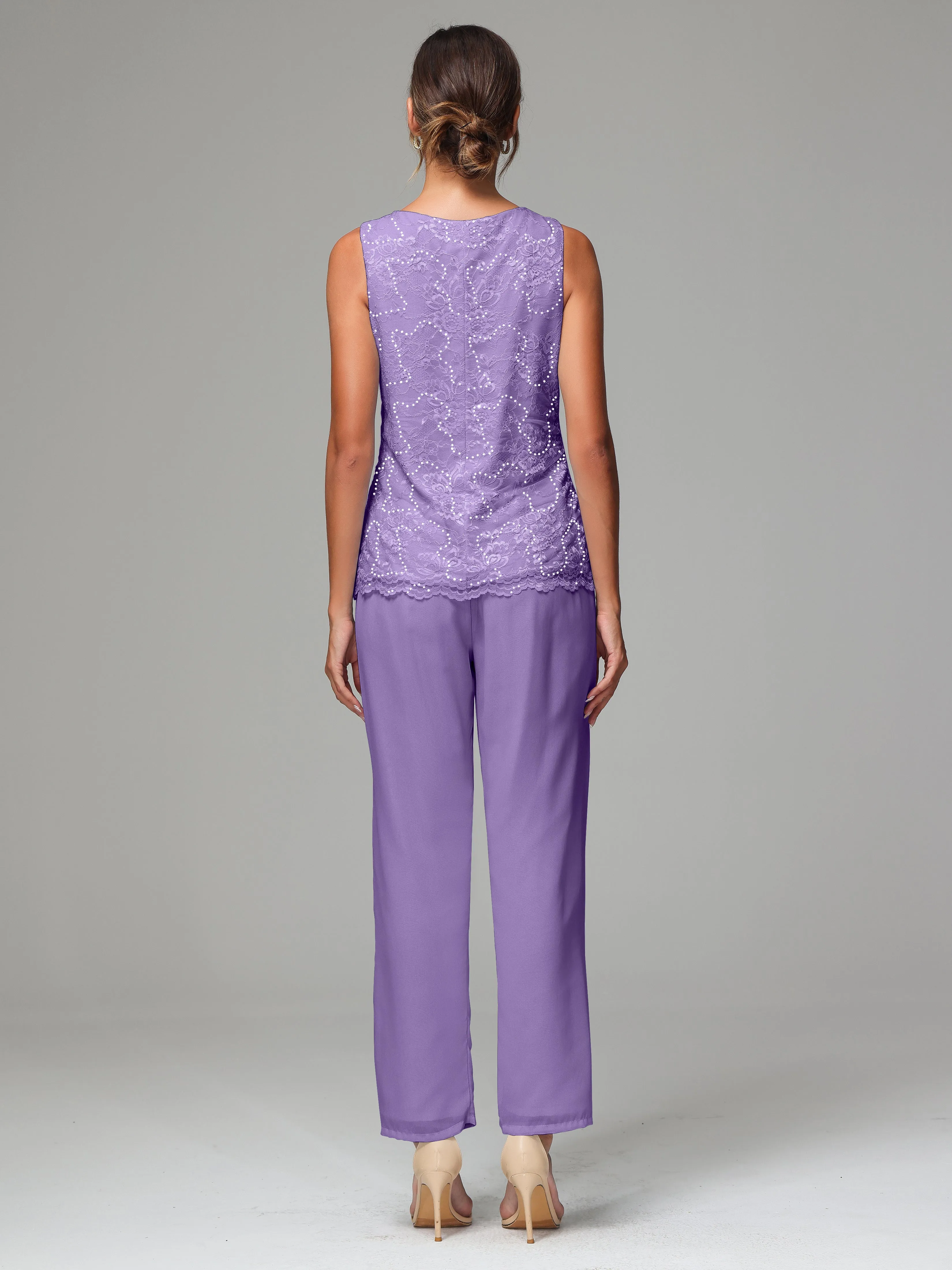 Chiffon Lace Long Sleeves 3 Pieces Mother Of The Bride Dress Pants Suits