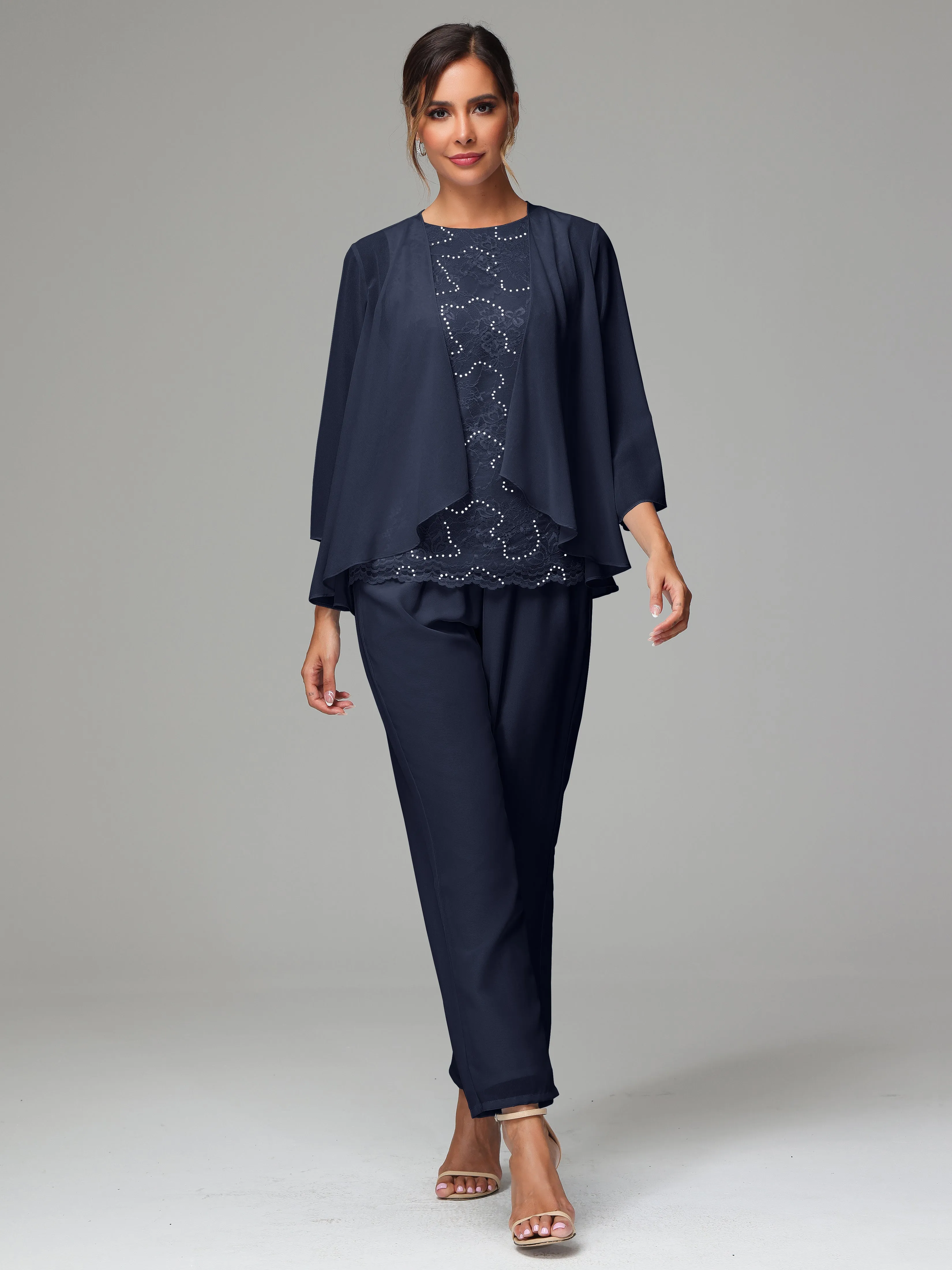 Chiffon Lace Long Sleeves 3 Pieces Mother Of The Bride Dress Pants Suits