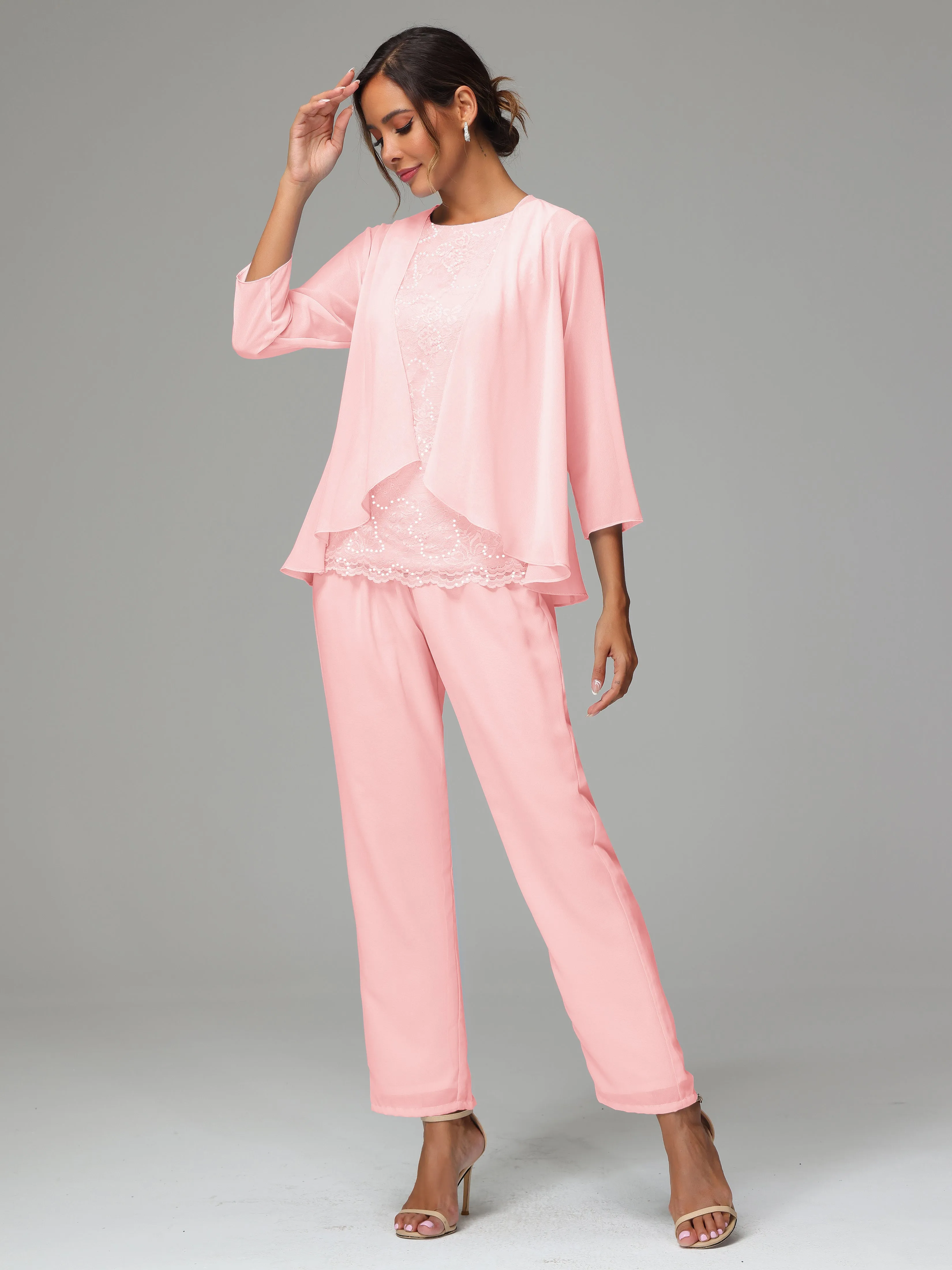Chiffon Lace Long Sleeves 3 Pieces Mother Of The Bride Dress Pants Suits