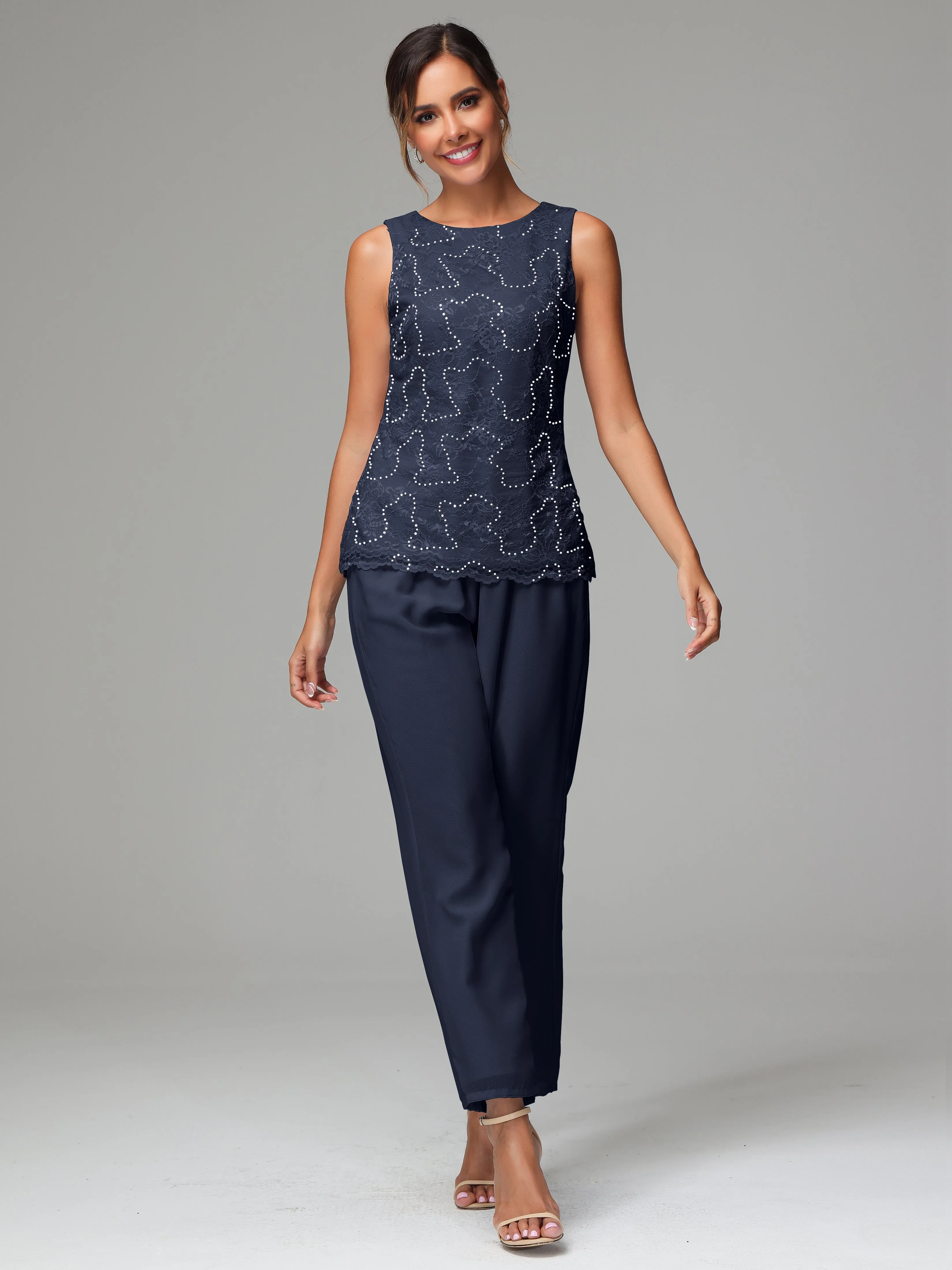 Chiffon Lace Long Sleeves 3 Pieces Mother Of The Bride Dress Pants Suits
