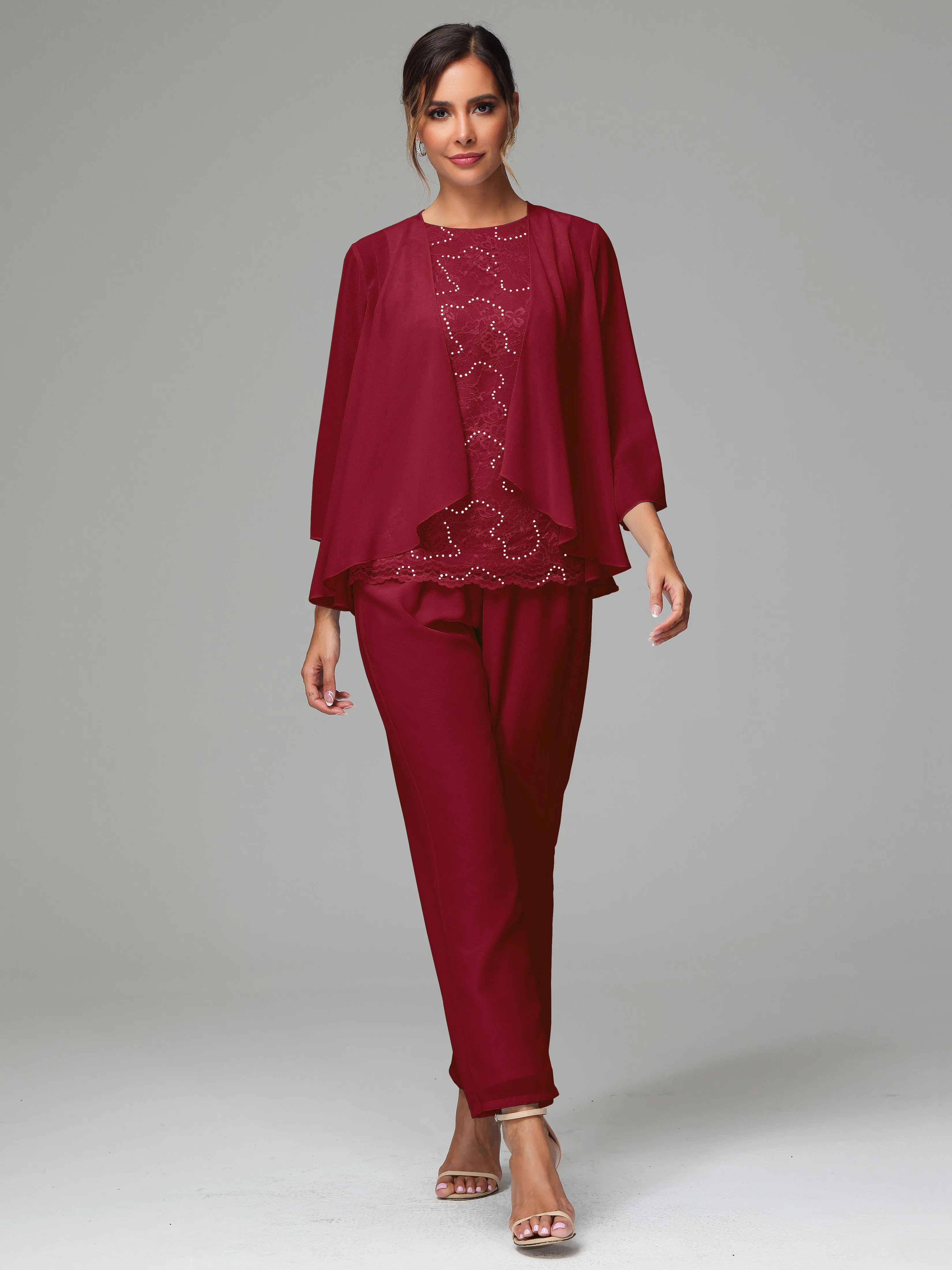 Chiffon Lace Long Sleeves 3 Pieces Mother Of The Bride Dress Pants Suits