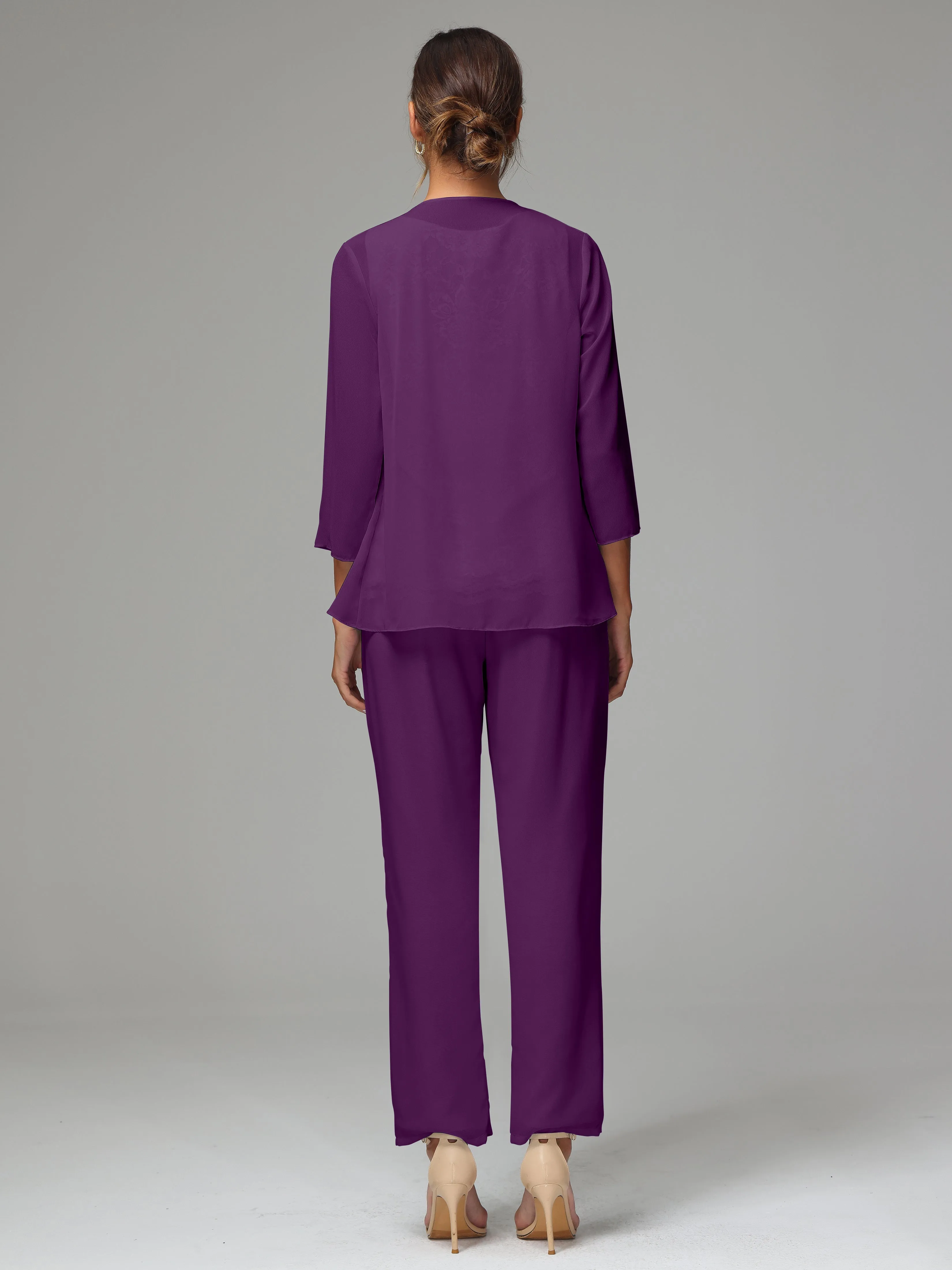 Chiffon Lace Long Sleeves 3 Pieces Mother Of The Bride Dress Pants Suits